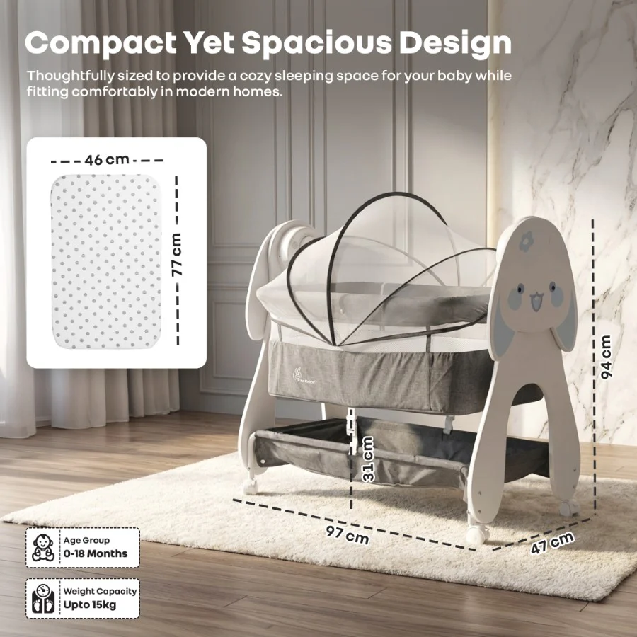 Lullabies Woodsy Bunny Smart Baby Cradle – 2-in-1 Auto Swing Cradle & Bedside Bassinet with Bluetooth Music, Timer, Plush Mattress, Mosquito Net & Storage Basket (0–18 Months) - Image 10