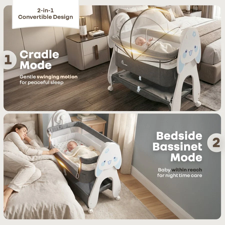 Lullabies Woodsy Bunny Smart Baby Cradle – 2-in-1 Auto Swing Cradle & Bedside Bassinet with Bluetooth Music, Timer, Plush Mattress, Mosquito Net & Storage Basket (0–18 Months) - Image 3