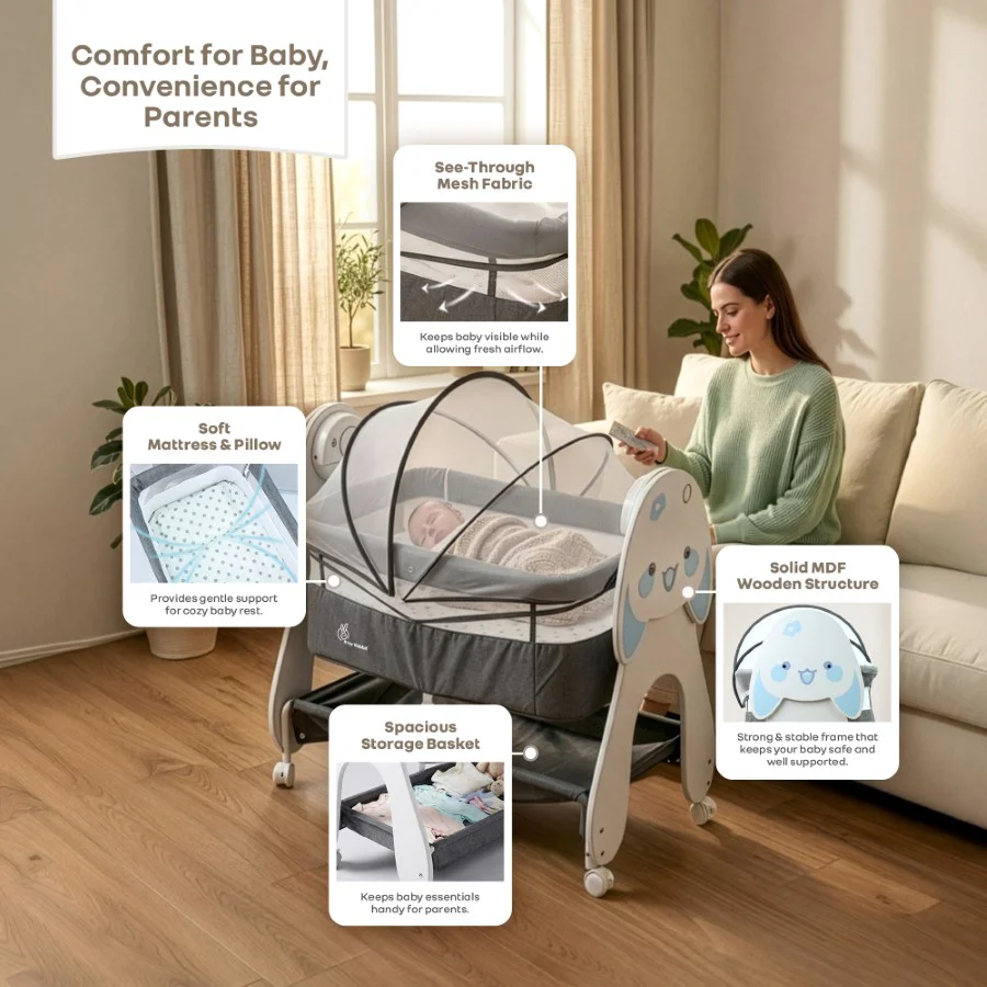 Lullabies Woodsy Bunny Smart Baby Cradle – 2-in-1 Auto Swing Cradle & Bedside Bassinet with Bluetooth Music, Timer, Plush Mattress, Mosquito Net & Storage Basket (0–18 Months) - Image 9
