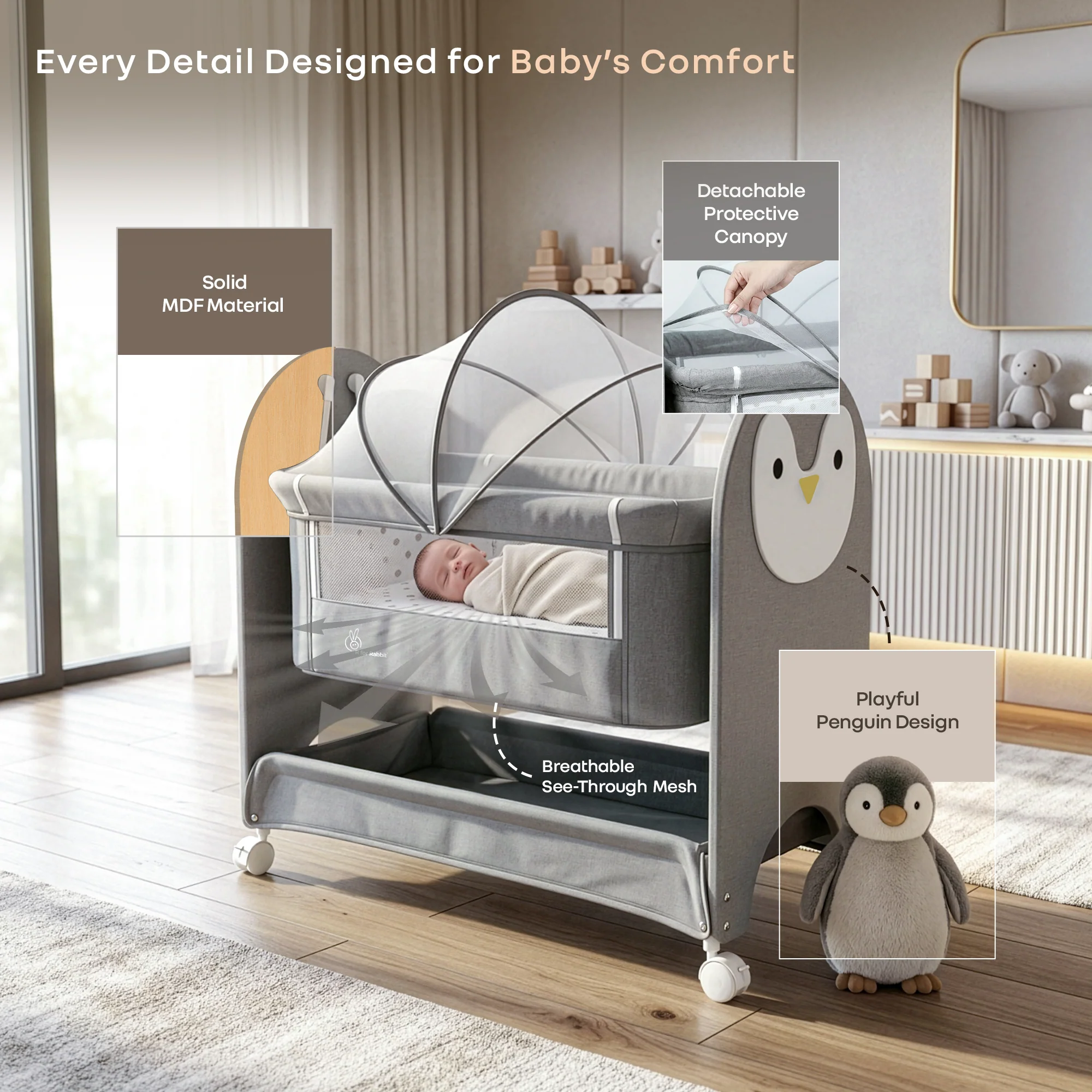 Lullabies Woodsy Snowy Baby Cradle, MDF Wood, 360° Wheels, Mosquito Net & Storage Basket - Image 3