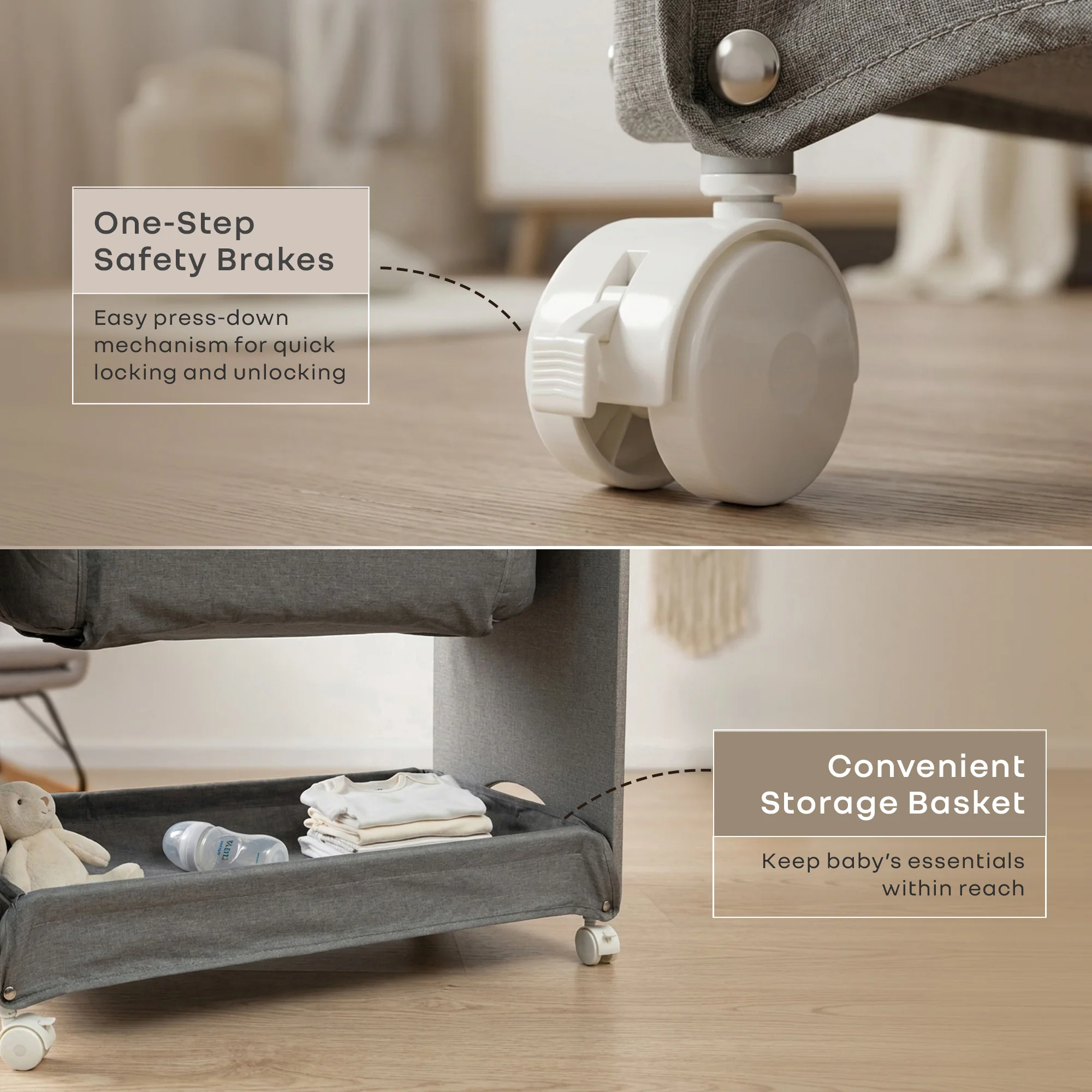Lullabies Woodsy Snowy Baby Cradle, MDF Wood, 360° Wheels, Mosquito Net & Storage Basket - Image 4