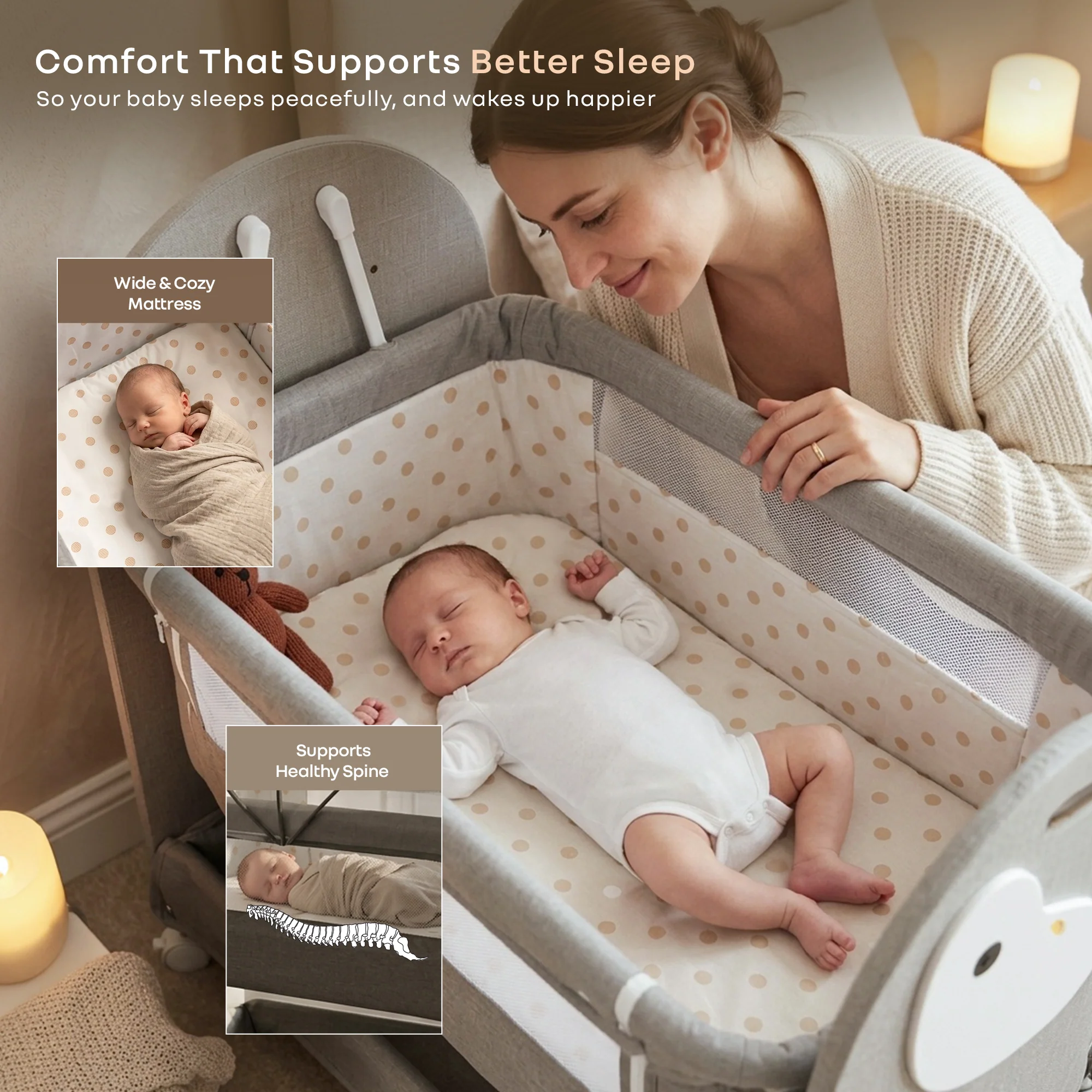 Lullabies Woodsy Snowy Baby Cradle, MDF Wood, 360° Wheels, Mosquito Net & Storage Basket - Image 5