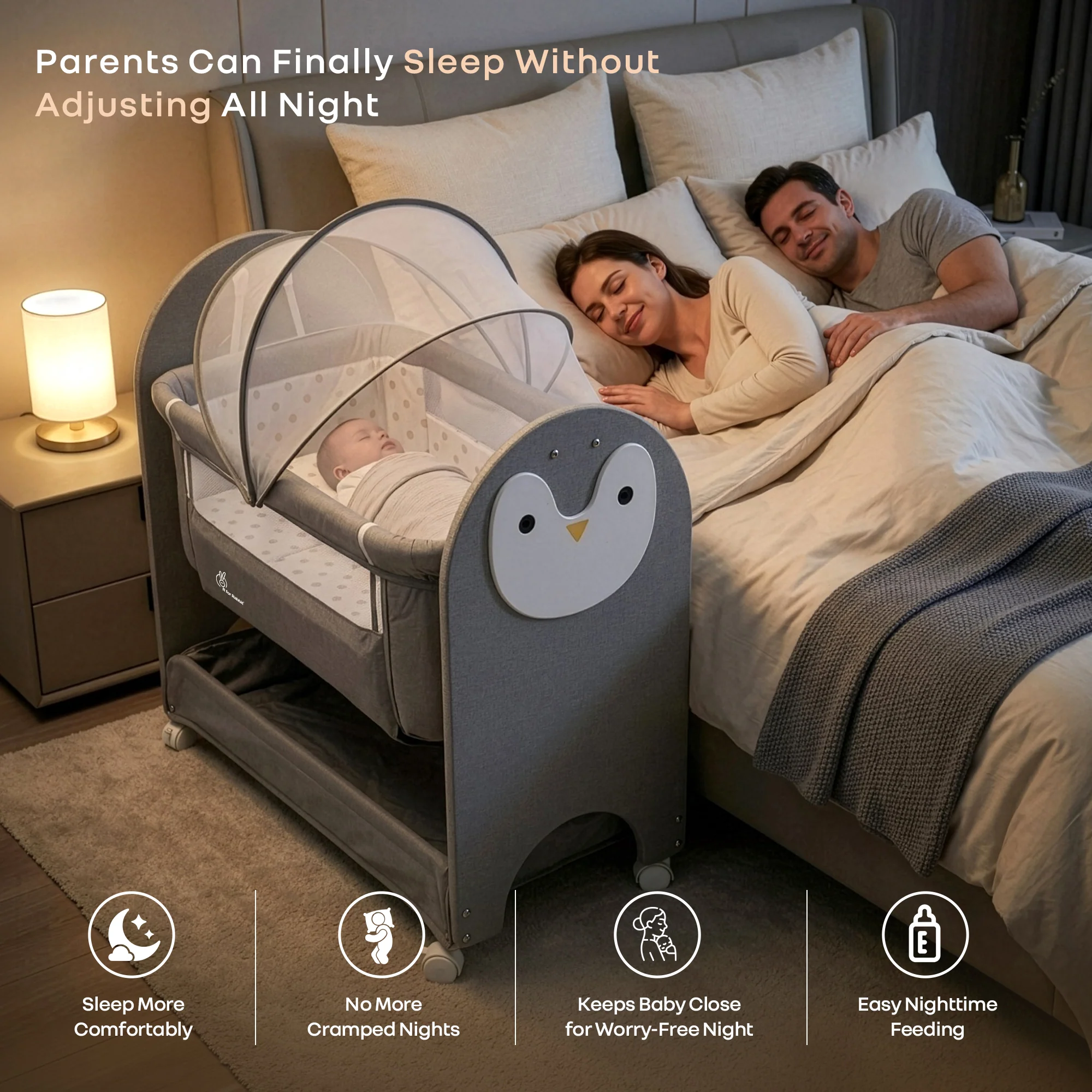 Lullabies Woodsy Snowy Baby Cradle, MDF Wood, 360° Wheels, Mosquito Net & Storage Basket - Image 6