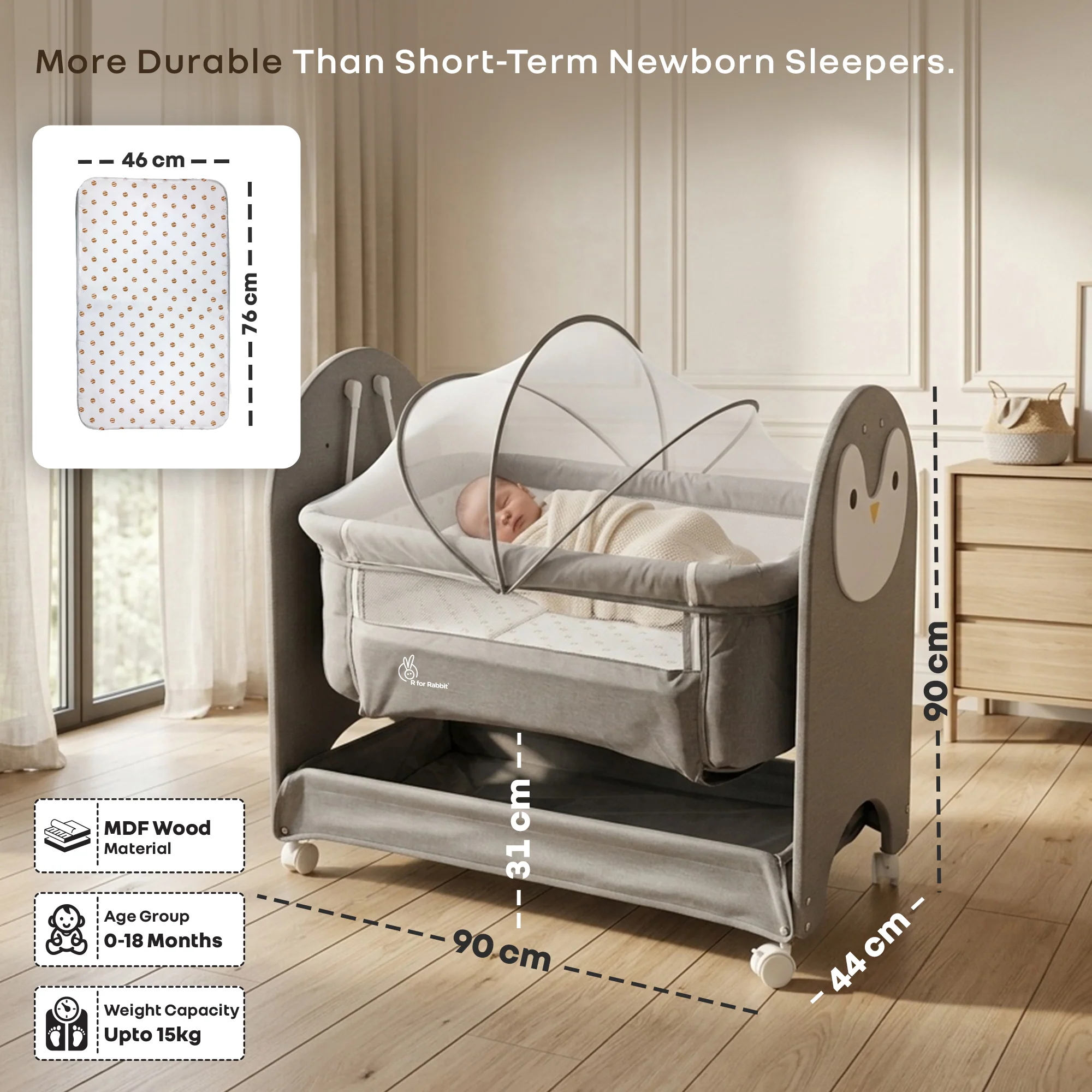 Lullabies Woodsy Snowy Baby Cradle, MDF Wood, 360° Wheels, Mosquito Net & Storage Basket - Image 7