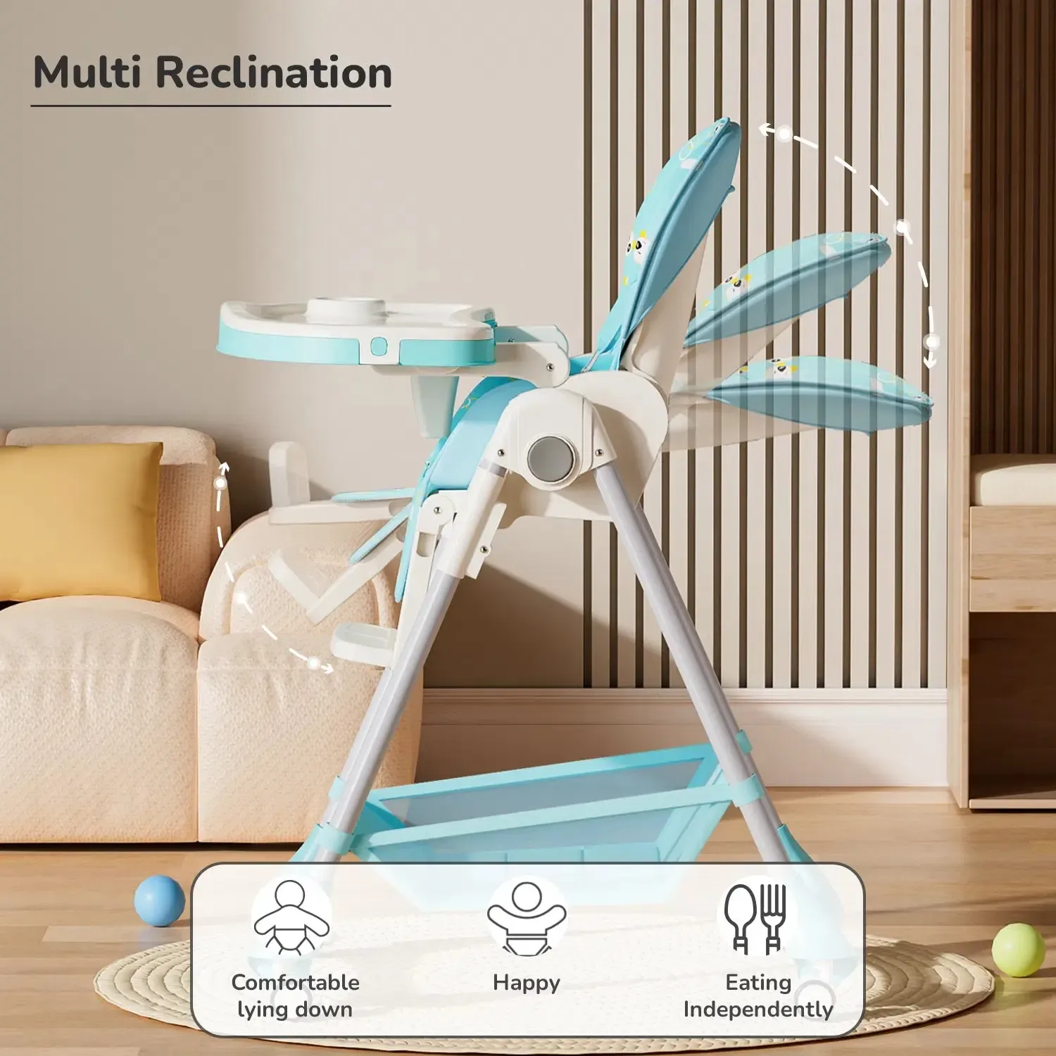 Marshmallow High Chair - 7 Level Height Adjustment, 3 Recline Modes, Adjustable & Removable Double Meal Tray, 6 months-5 years - Green - Image 6