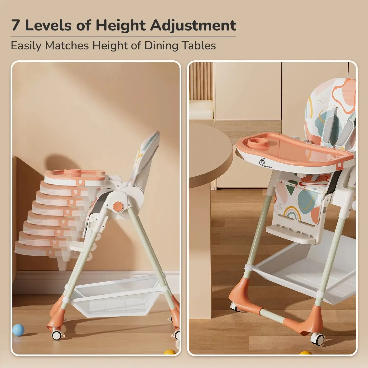 Marshmallow High Chair - 7 Level Height Adjustment, 3 Recline Modes, Adjustable & Removable Double Meal Tray, 6 months-5 years - Abstract Peach - Image 2