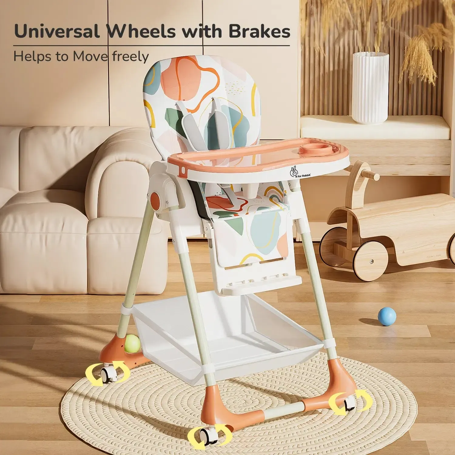 Marshmallow High Chair - 7 Level Height Adjustment, 3 Recline Modes, Adjustable & Removable Double Meal Tray, 6 months-5 years - Abstract Peach - Image 3
