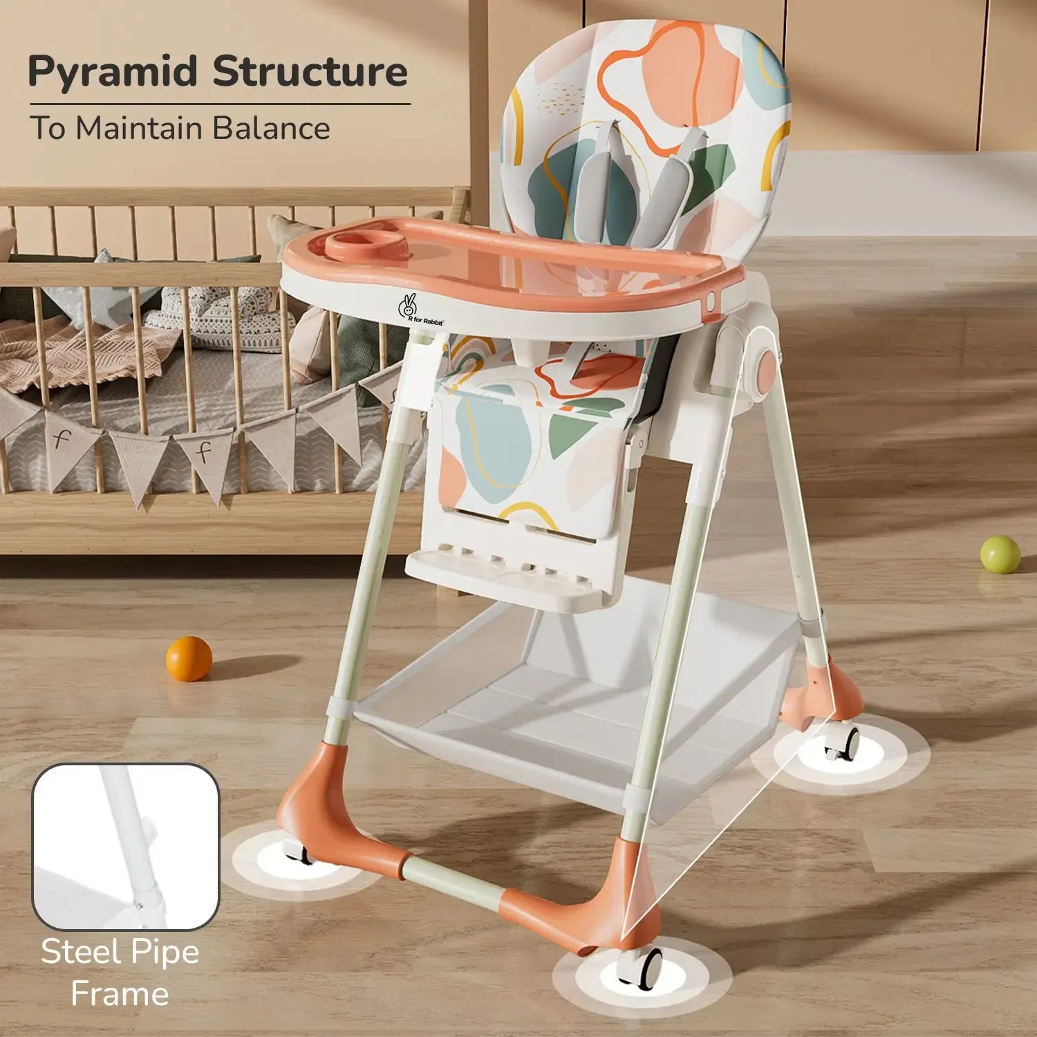 Marshmallow High Chair - 7 Level Height Adjustment, 3 Recline Modes, Adjustable & Removable Double Meal Tray, 6 months-5 years - Abstract Peach - Image 5