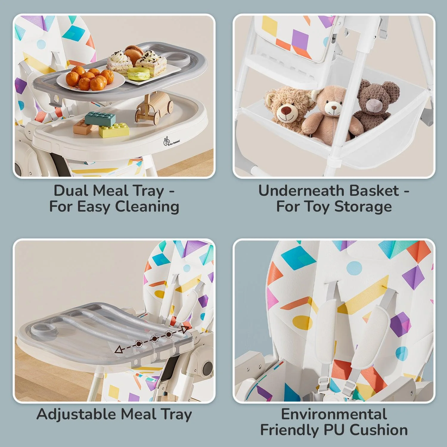 Marshmallow High Chair - 7 Level Height Adjustment, 3 Recline Modes, Adjustable & Removable Double Meal Tray, 6 months-5 years - Abstract White - Image 6