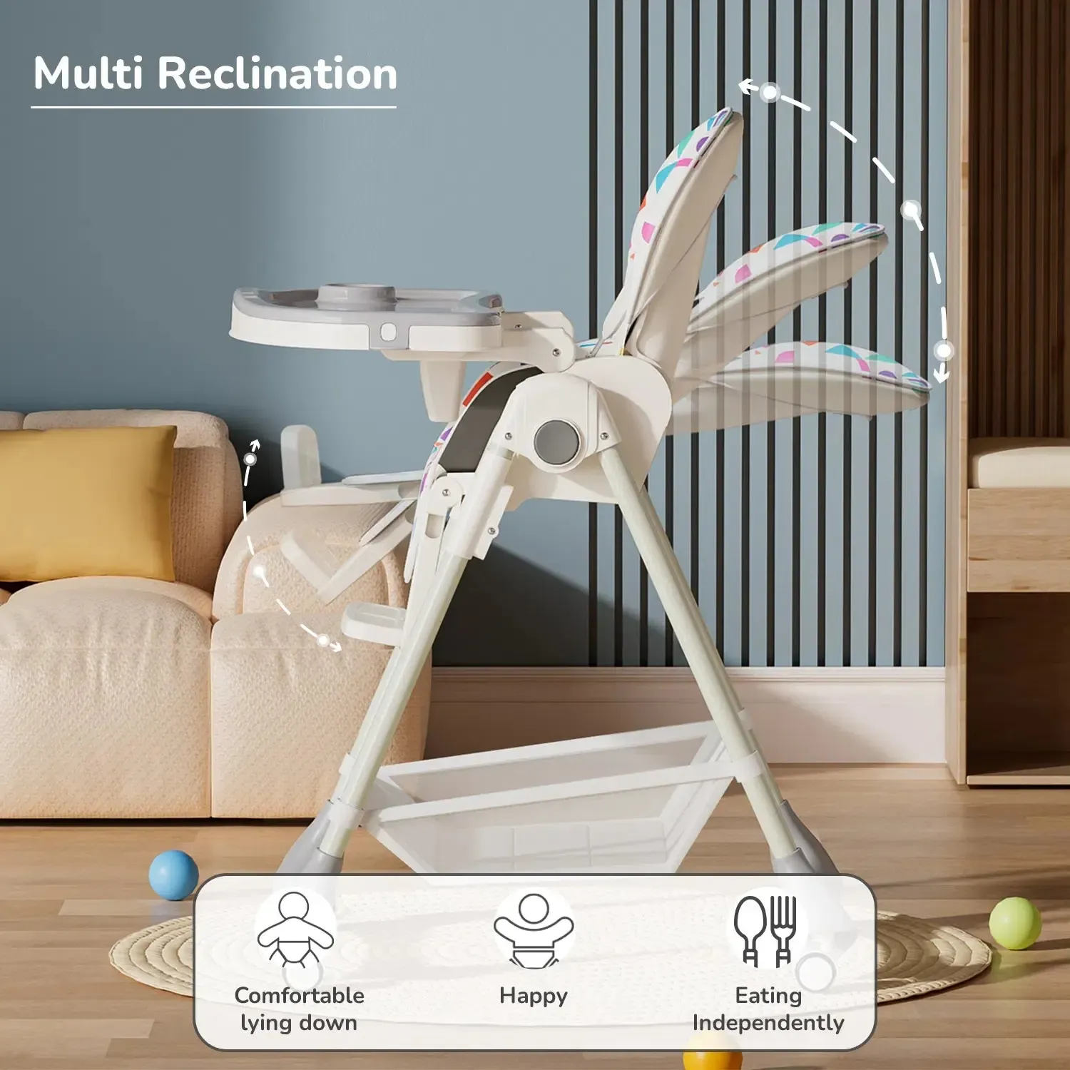 Marshmallow High Chair - 7 Level Height Adjustment, 3 Recline Modes, Adjustable & Removable Double Meal Tray, 6 months-5 years - Abstract White - Image 8