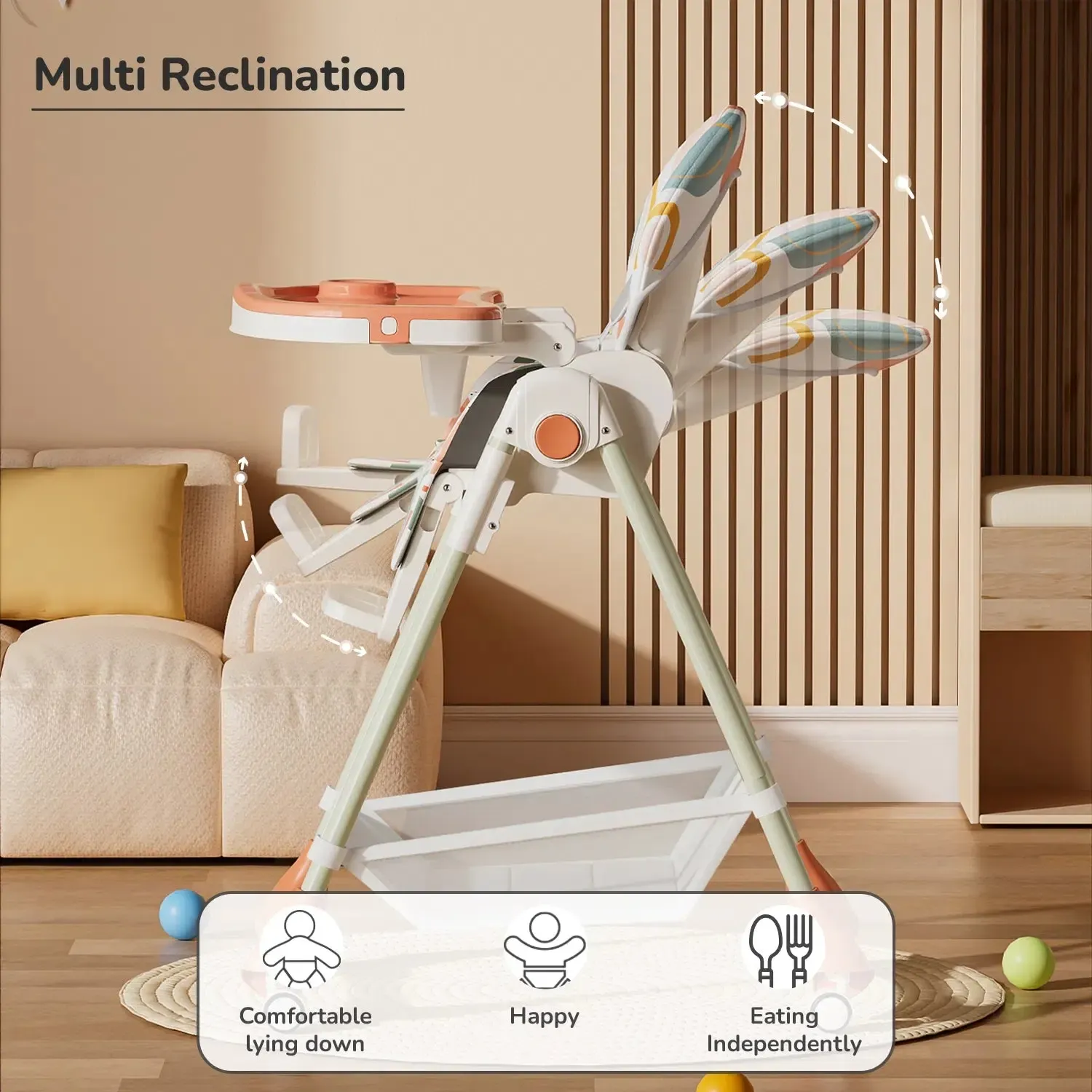 Marshmallow High Chair - 7 Level Height Adjustment, 3 Recline Modes, Adjustable & Removable Double Meal Tray, 6 months-5 years - Beige - Image 10