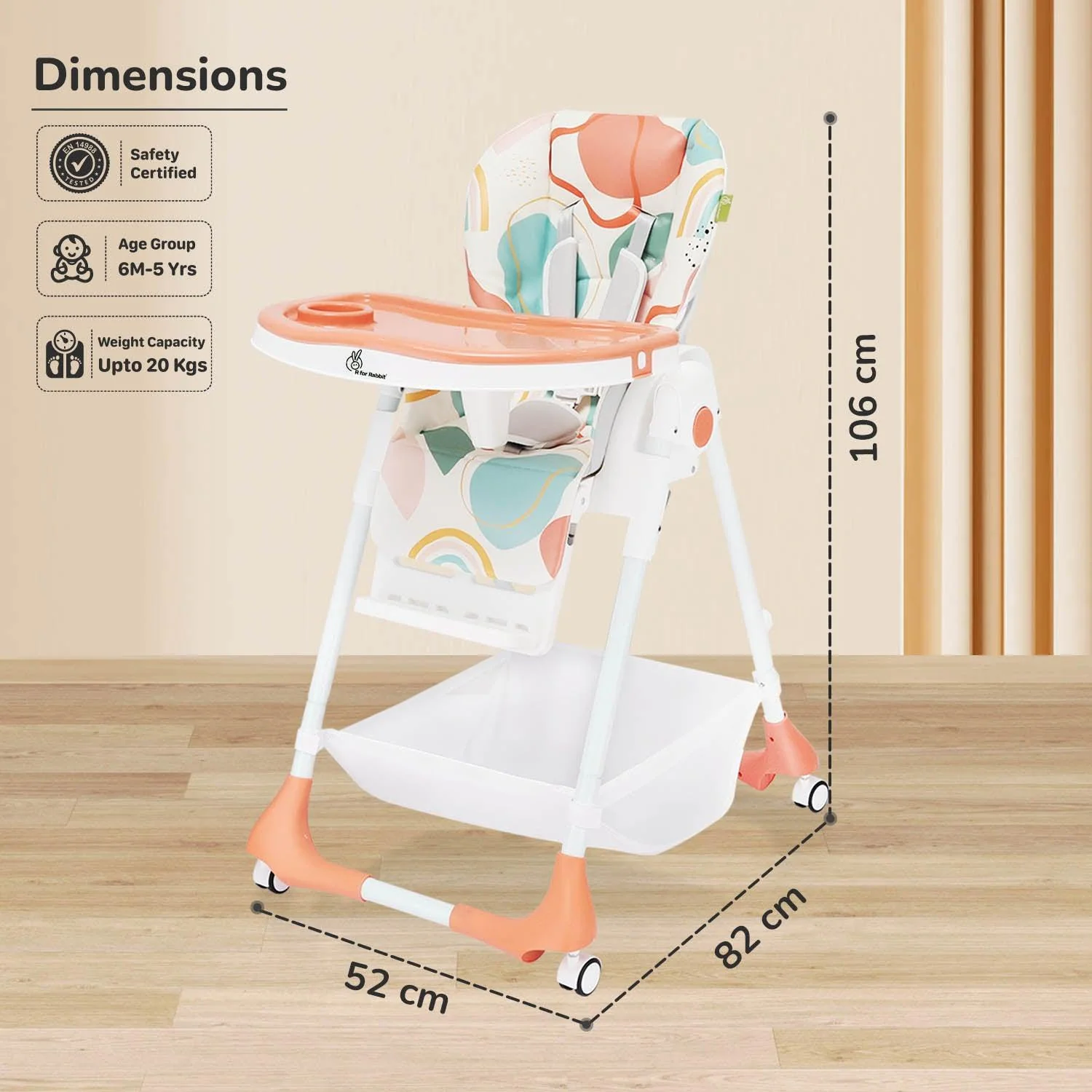 Marshmallow High Chair - 7 Level Height Adjustment, 3 Recline Modes, Adjustable & Removable Double Meal Tray, 6 months-5 years - Beige - Image 13