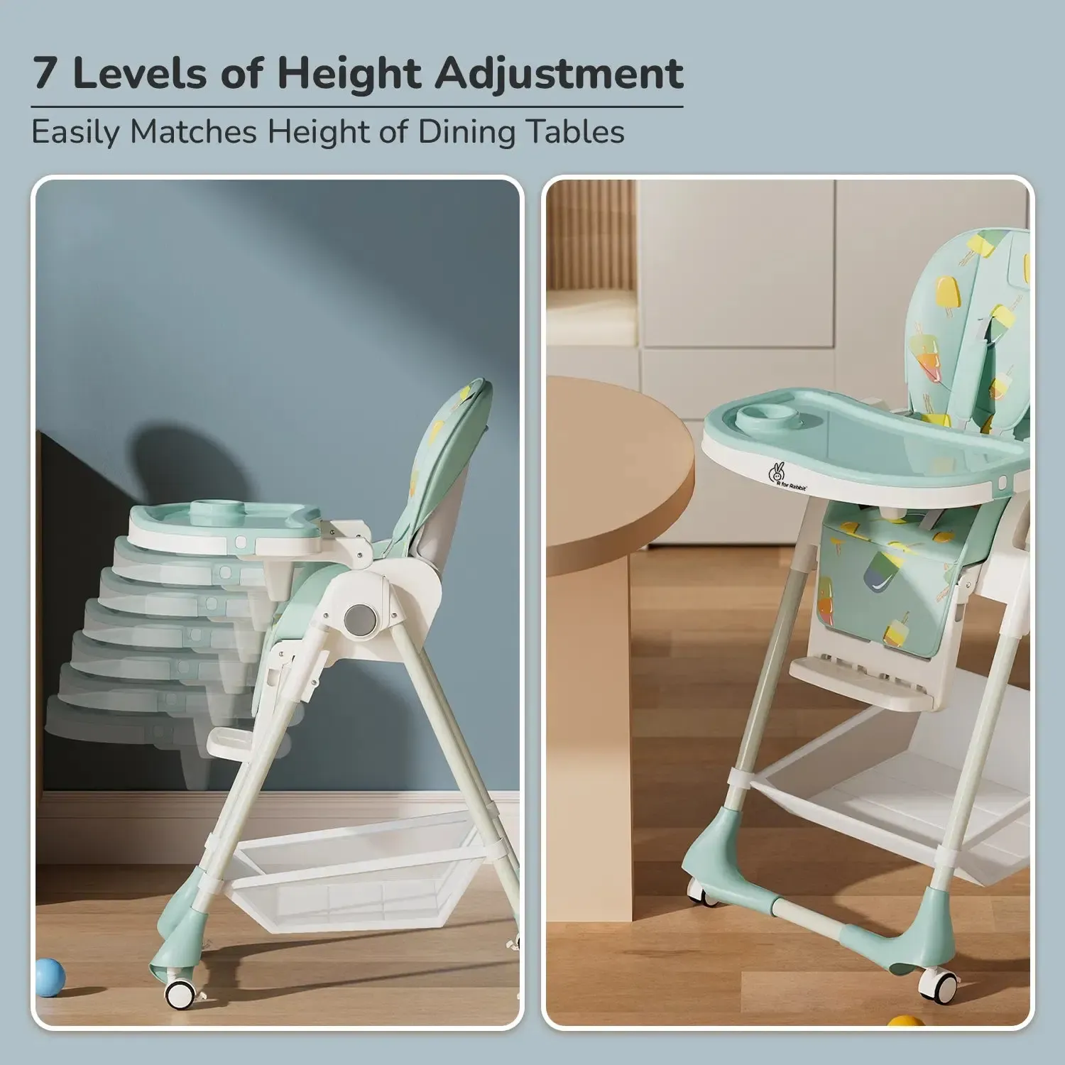 Marshmallow High Chair - 7 Level Height Adjustment, 3 Recline Modes, Adjustable & Removable Double Meal Tray, 6 months-5 years - Candy Blue - Image 2