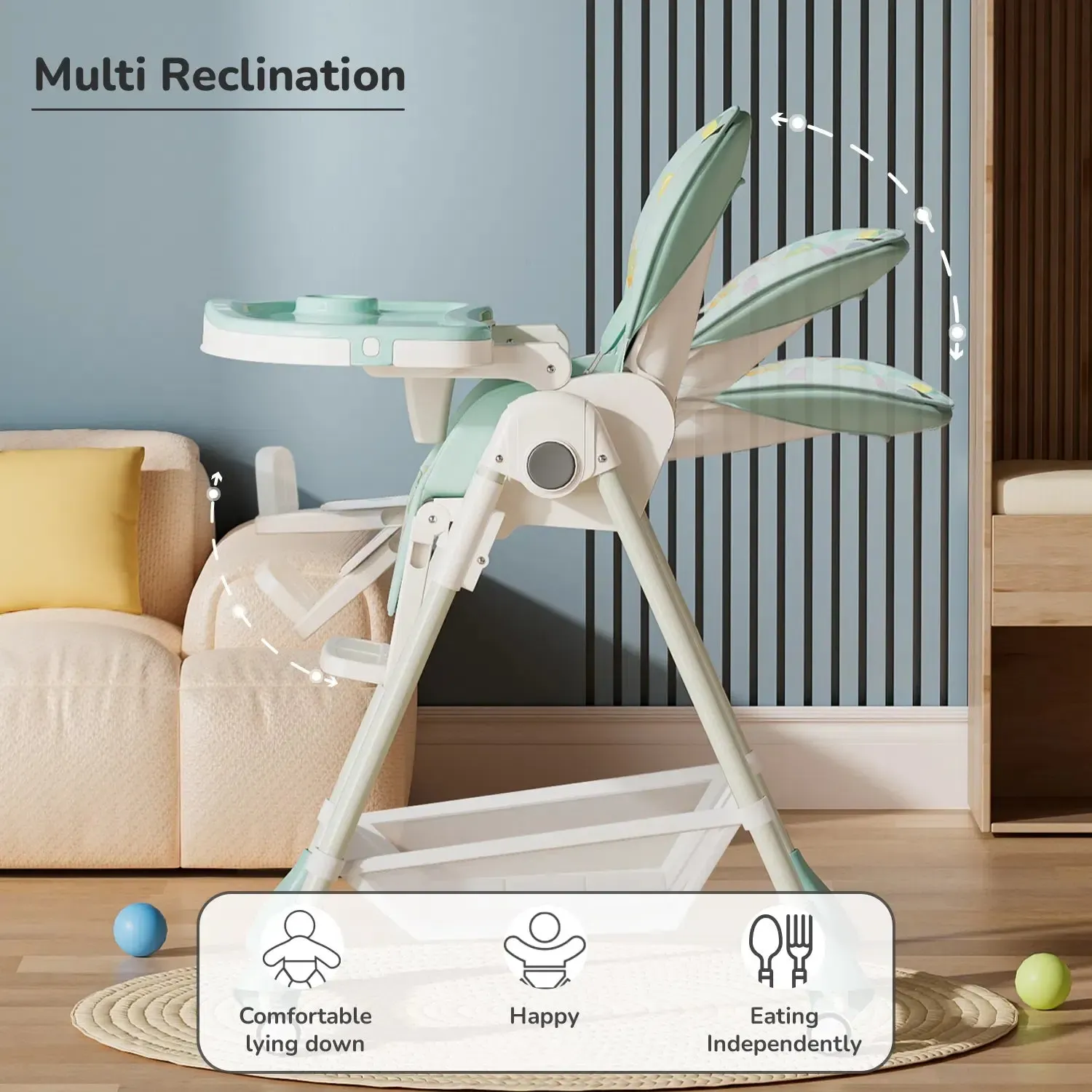 Marshmallow High Chair - 7 Level Height Adjustment, 3 Recline Modes, Adjustable & Removable Double Meal Tray, 6 months-5 years - Candy Blue - Image 5