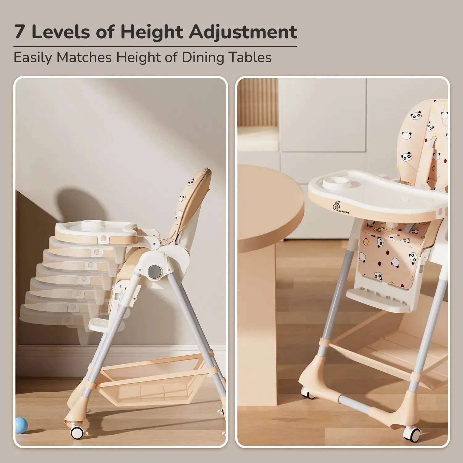 Marshmallow High Chair - 7 Level Height Adjustment, 3 Recline Modes, Adjustable & Removable Double Meal Tray, 6 months-5 years - Beige - Image 2