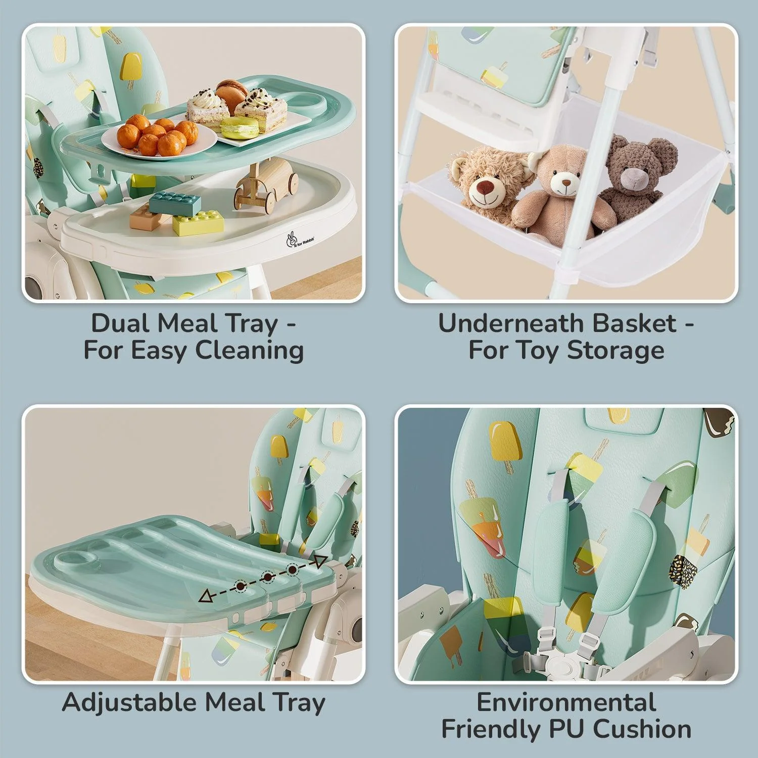 Marshmallow High Chair - 7 Level Height Adjustment, 3 Recline Modes, Adjustable & Removable Double Meal Tray, 6 months-5 years - Candy Blue - Image 8