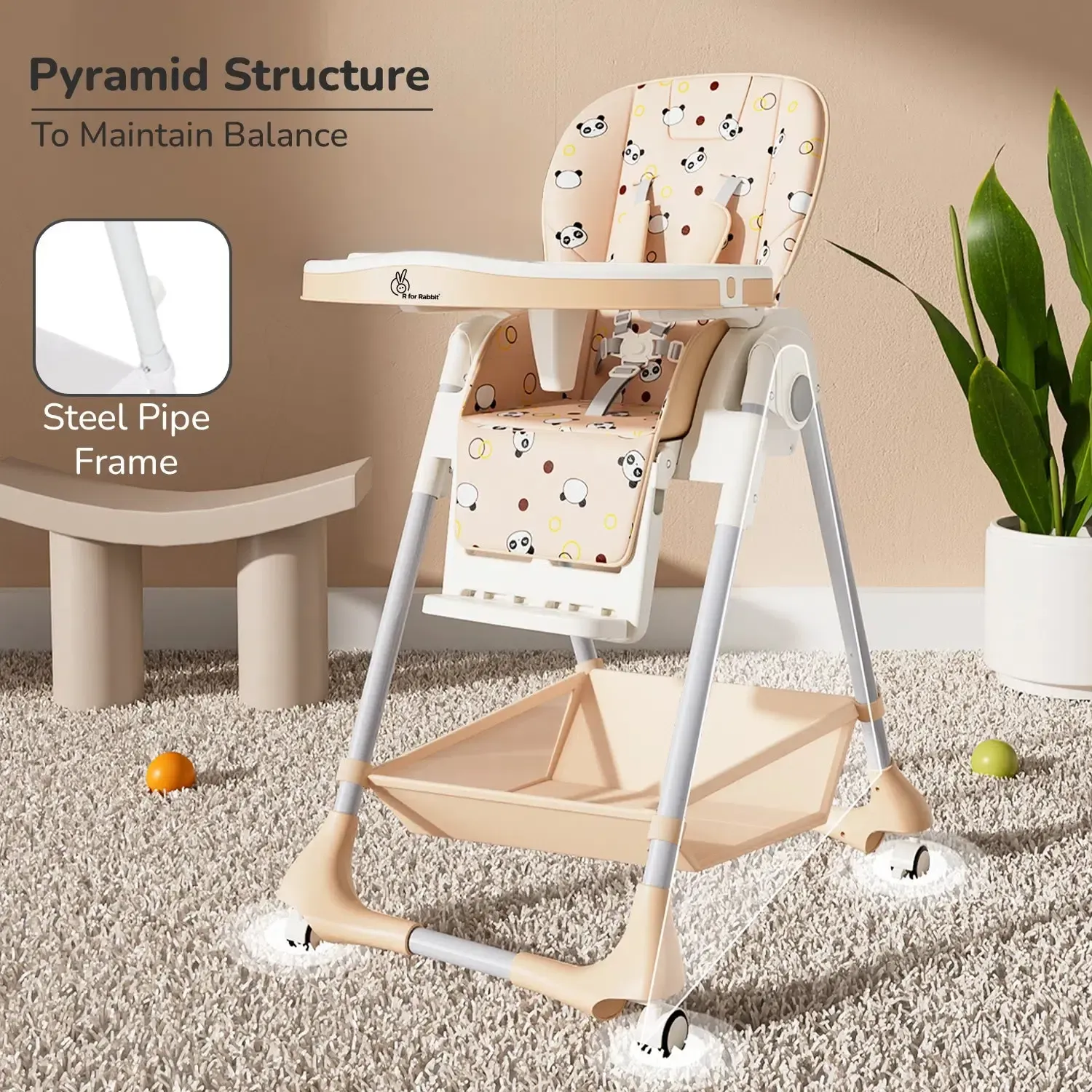 Marshmallow High Chair - 7 Level Height Adjustment, 3 Recline Modes, Adjustable & Removable Double Meal Tray, 6 months-5 years - Beige - Image 4