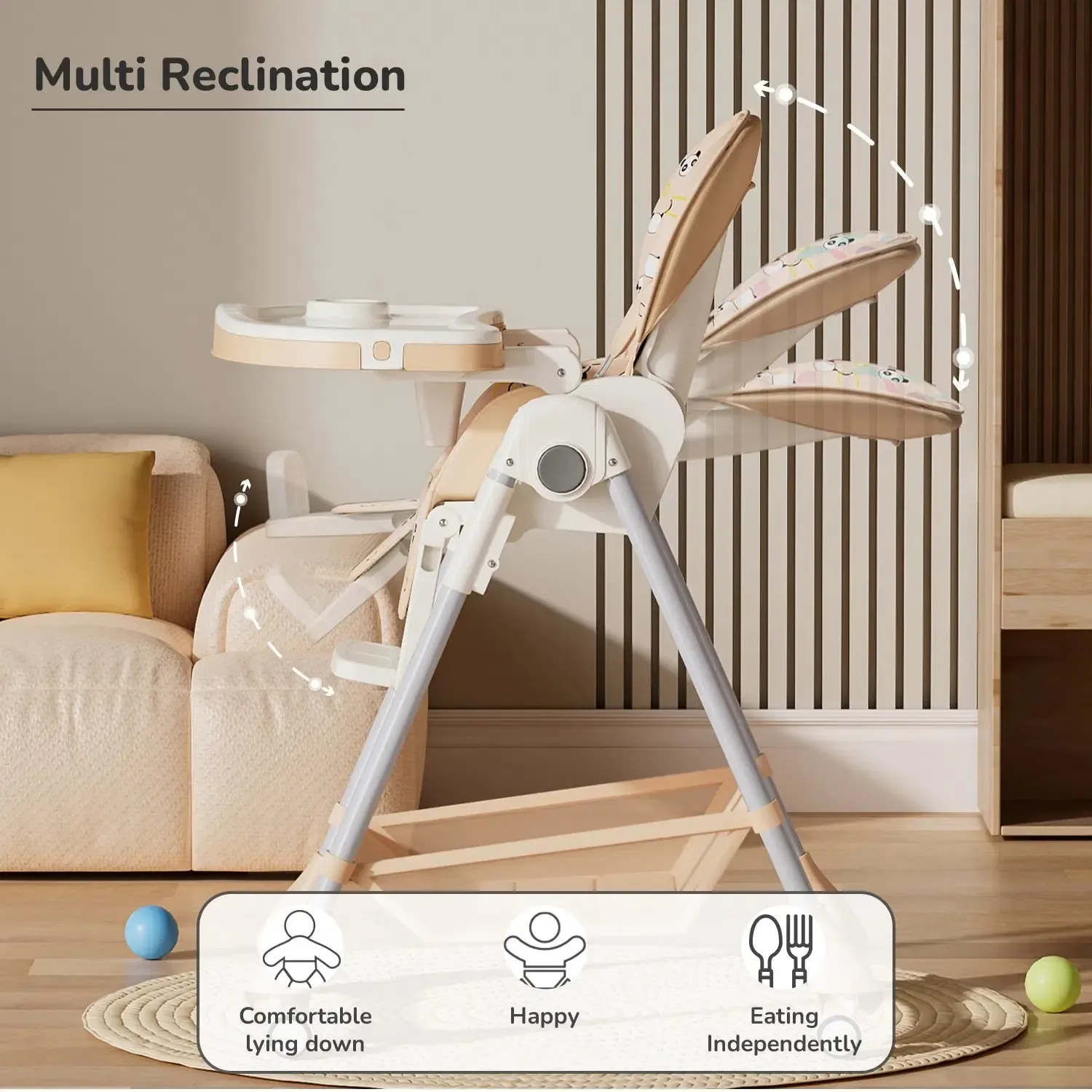 Marshmallow High Chair - 7 Level Height Adjustment, 3 Recline Modes, Adjustable & Removable Double Meal Tray, 6 months-5 years - Beige - Image 5