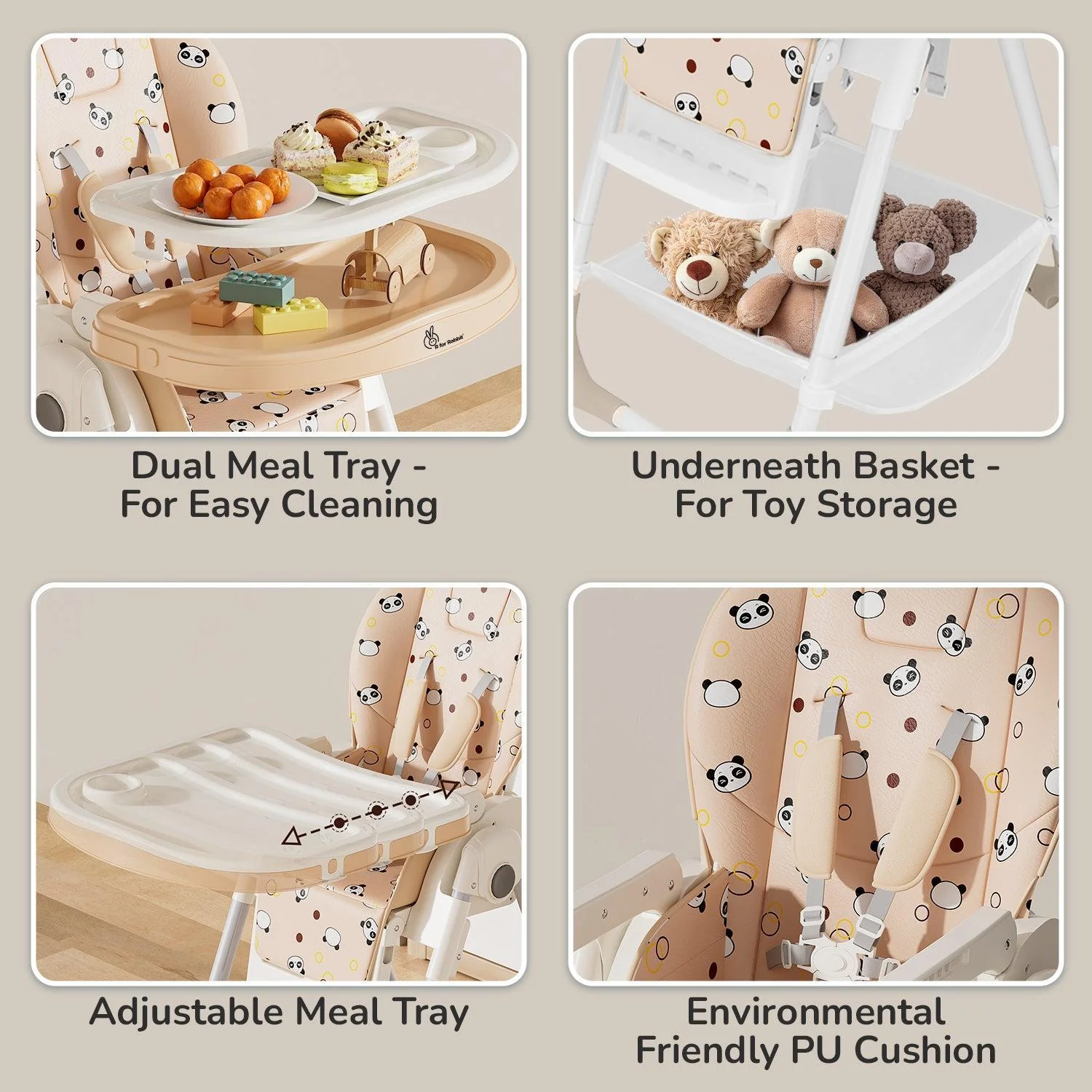 Marshmallow High Chair - 7 Level Height Adjustment, 3 Recline Modes, Adjustable & Removable Double Meal Tray, 6 months-5 years - Beige - Image 7