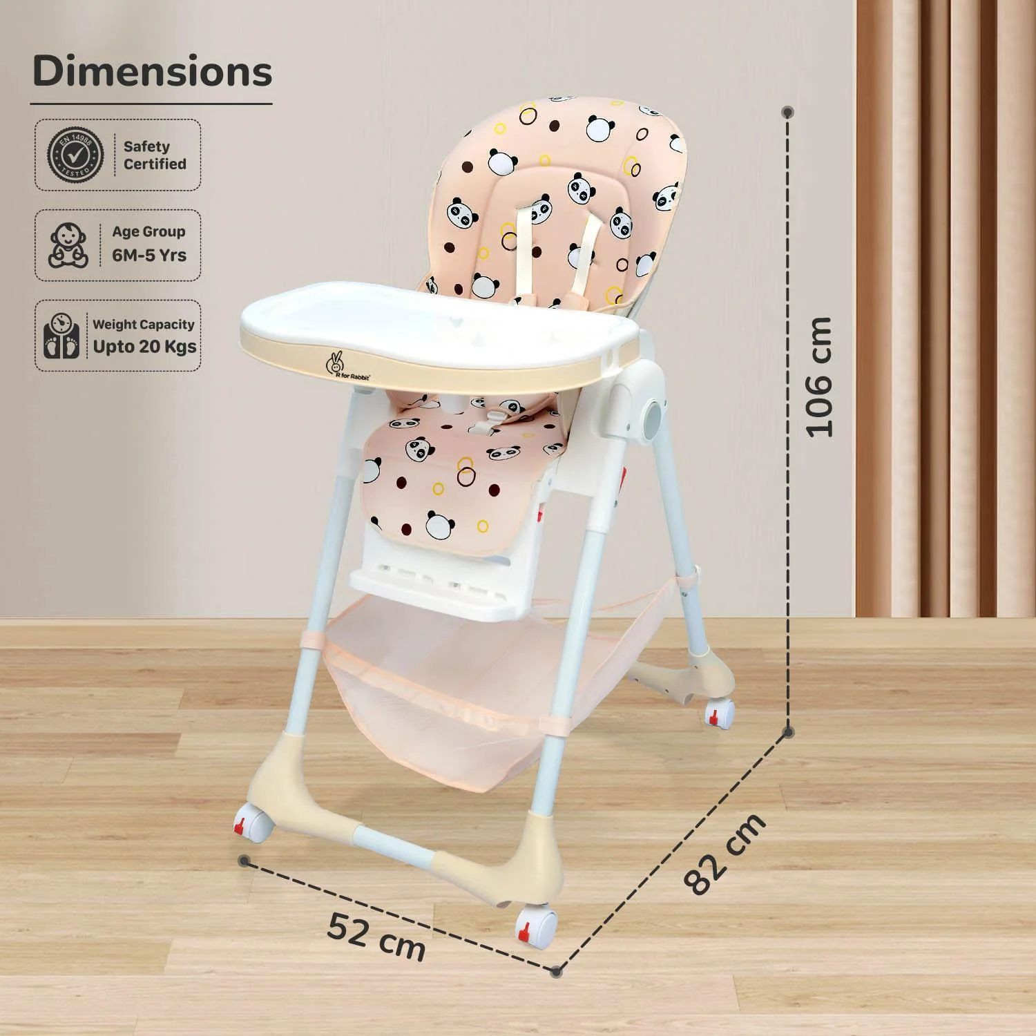Marshmallow High Chair - 7 Level Height Adjustment, 3 Recline Modes, Adjustable & Removable Double Meal Tray, 6 months-5 years - Beige - Image 8