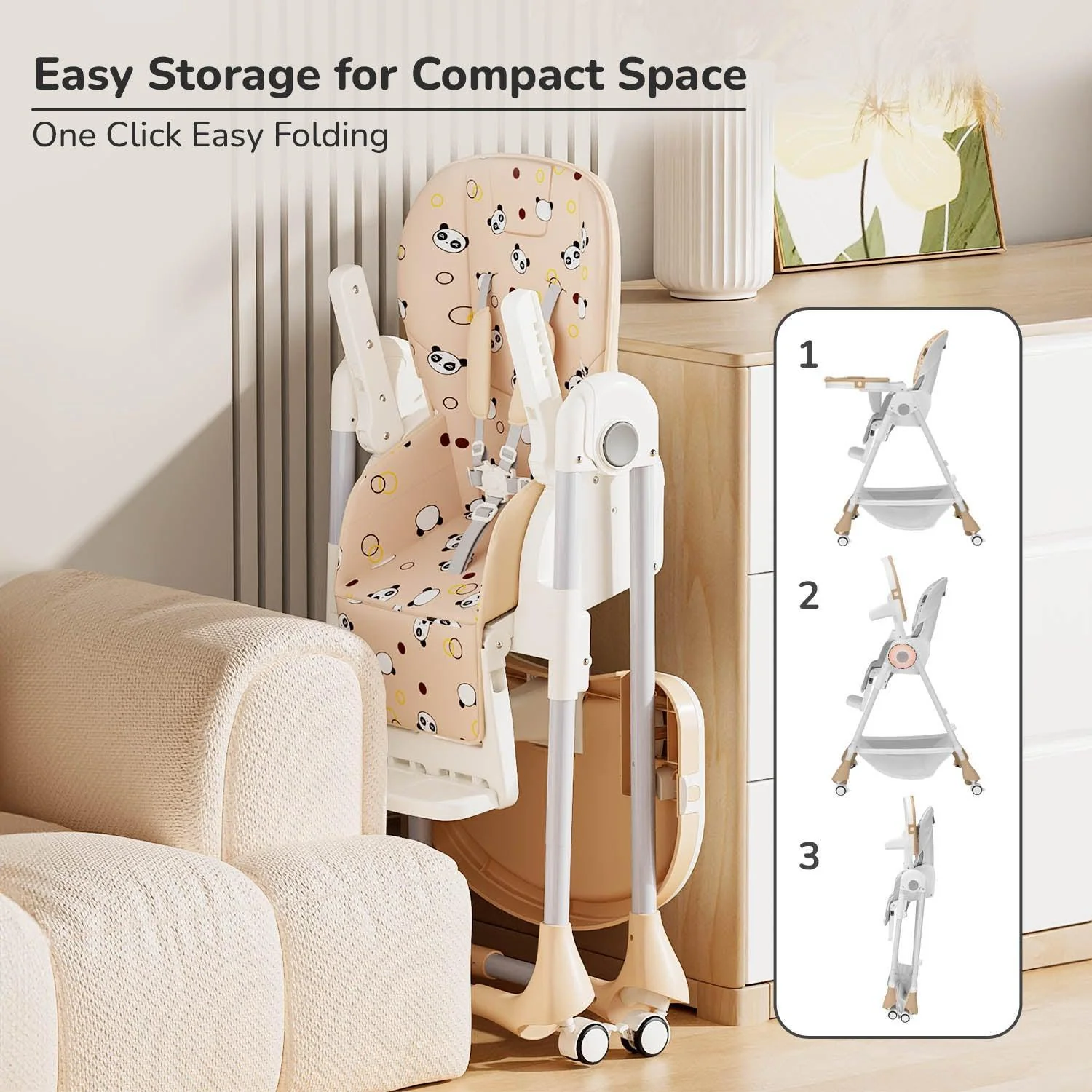 Marshmallow High Chair - 7 Level Height Adjustment, 3 Recline Modes, Adjustable & Removable Double Meal Tray, 6 months-5 years - Beige - Image 9
