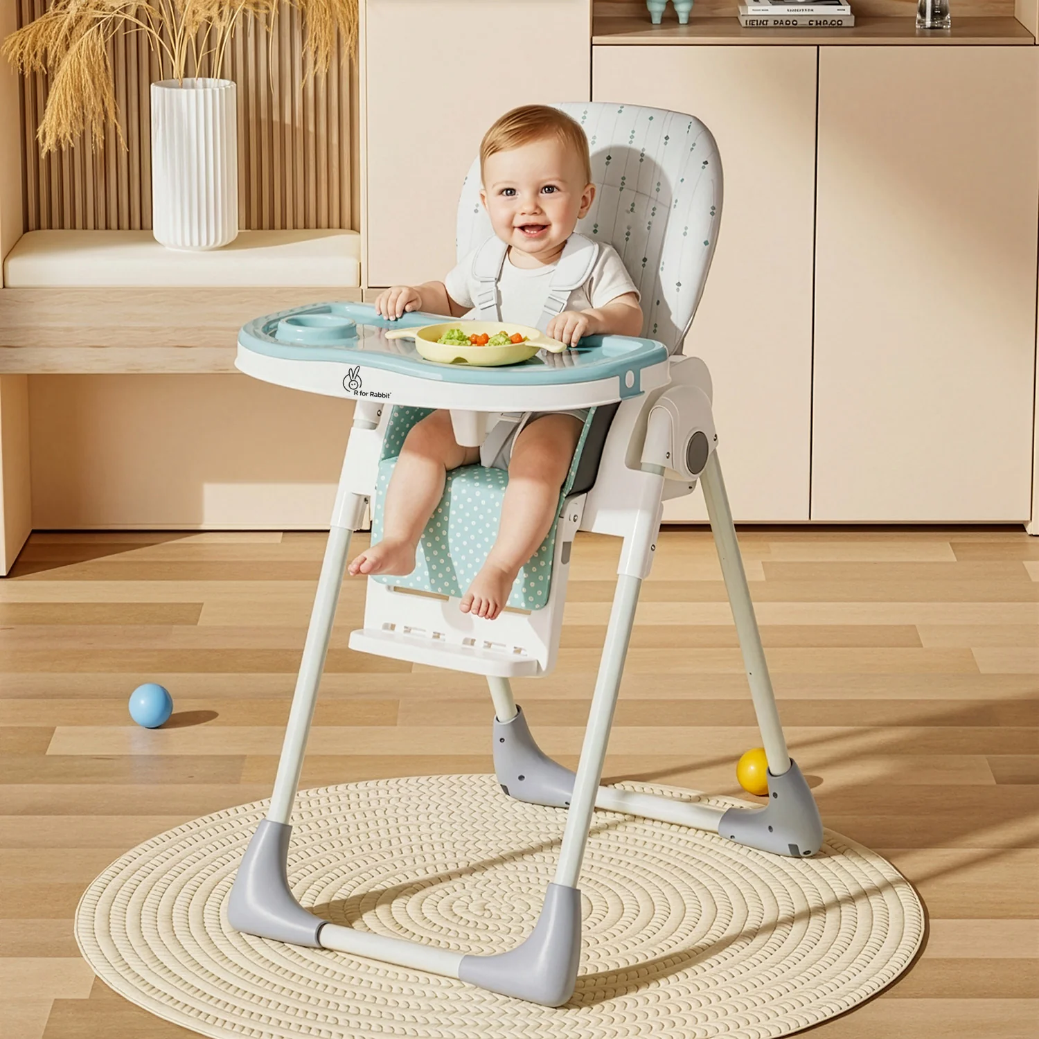 Marshmallow Lite High Chair - 6 Level Height Adjustment, 3 Recline Modes, Adjustable & Removable Meal Tray - Blue