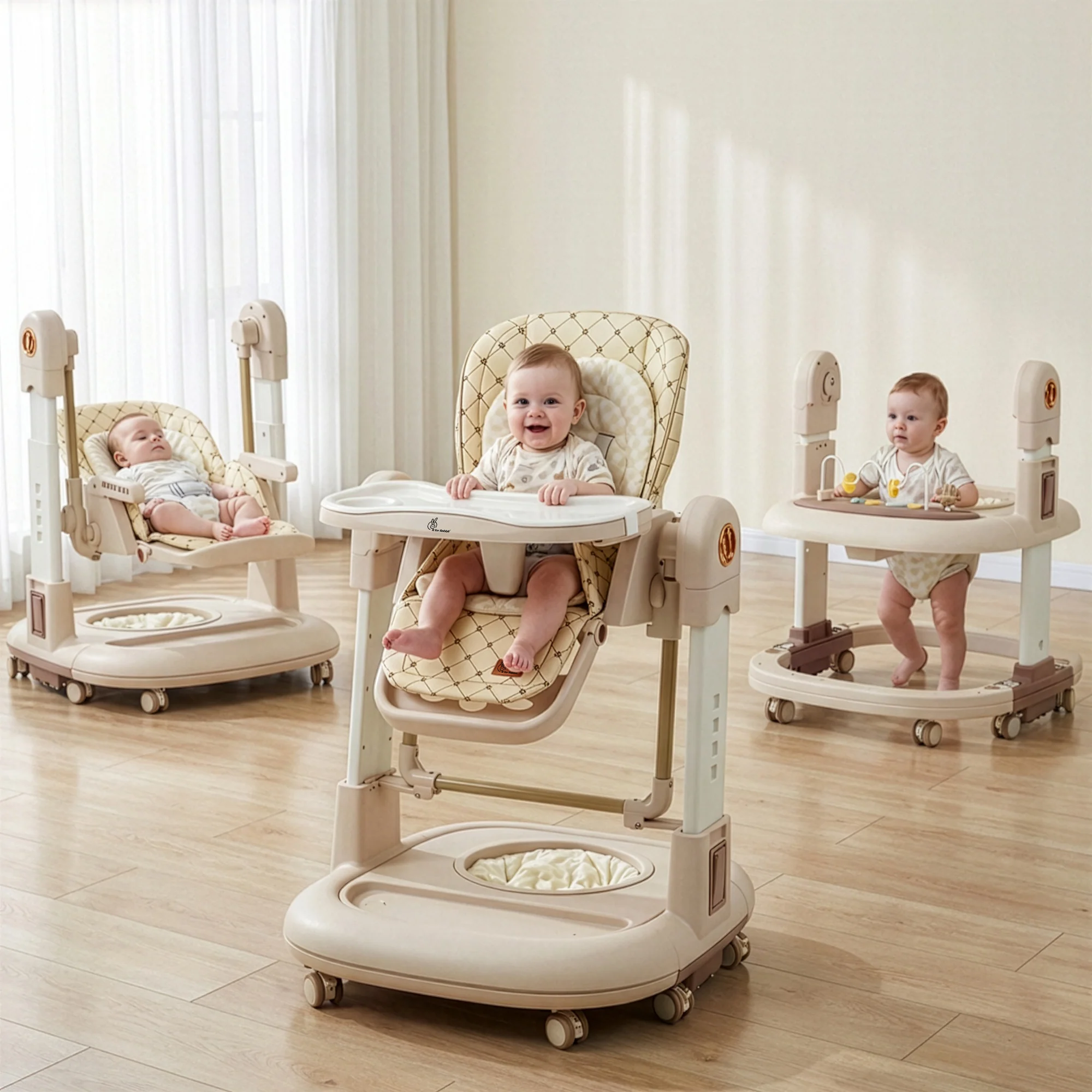 Marshmallow Trio 3 in 1 Highchair, Swing & Baby Walker with Lights, Music & Dual Tray - Beige