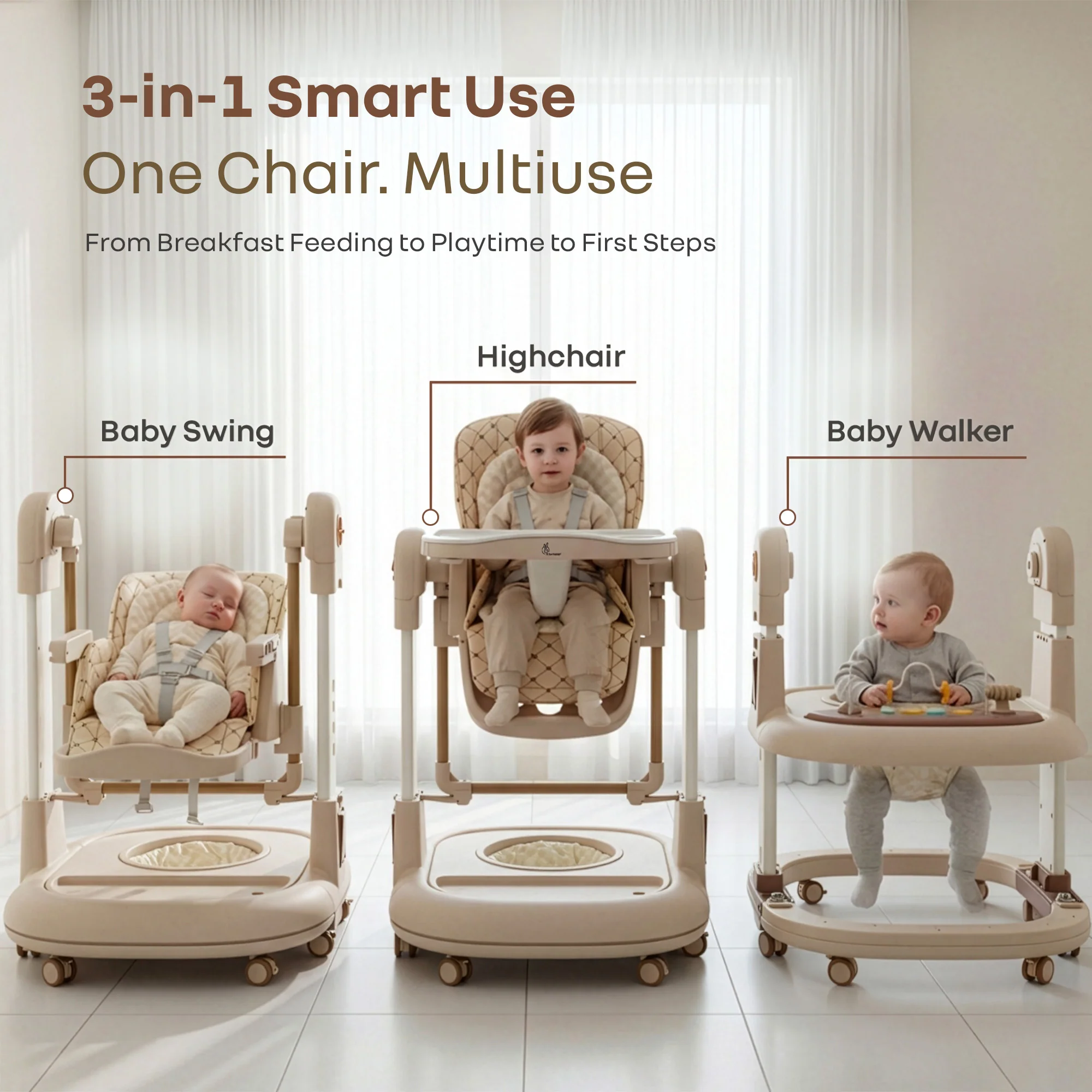 Marshmallow Trio 3 in 1 Highchair, Swing & Baby Walker with Lights, Music & Dual Tray - Beige - Image 2