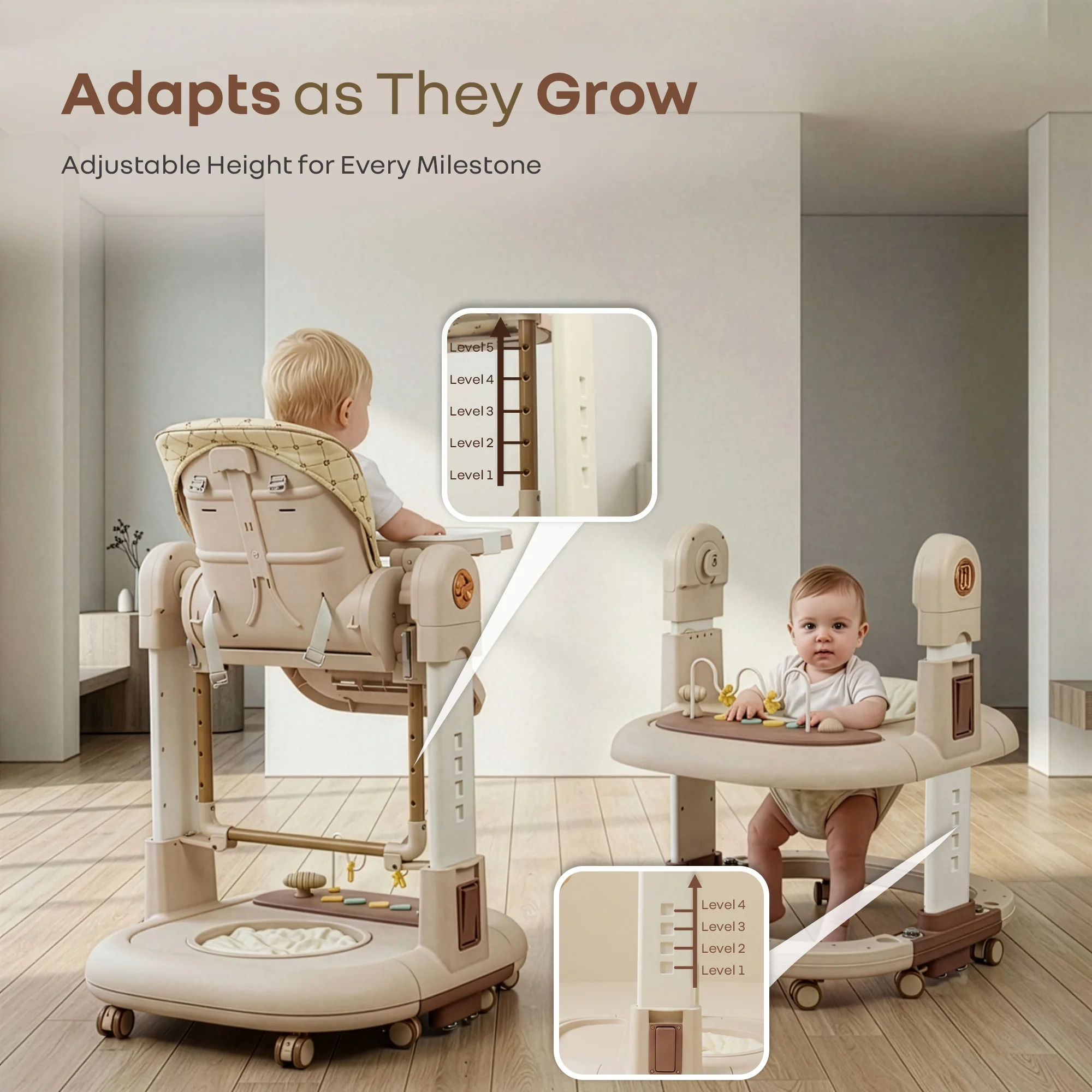Marshmallow Trio 3 in 1 Highchair, Swing & Baby Walker with Lights, Music & Dual Tray - Beige - Image 4