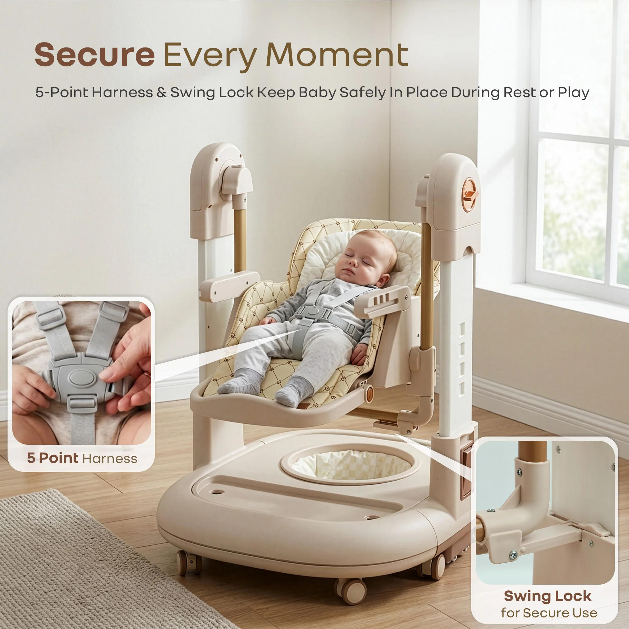 Marshmallow Trio 3 in 1 Highchair, Swing & Baby Walker with Lights, Music & Dual Tray - Beige - Image 5