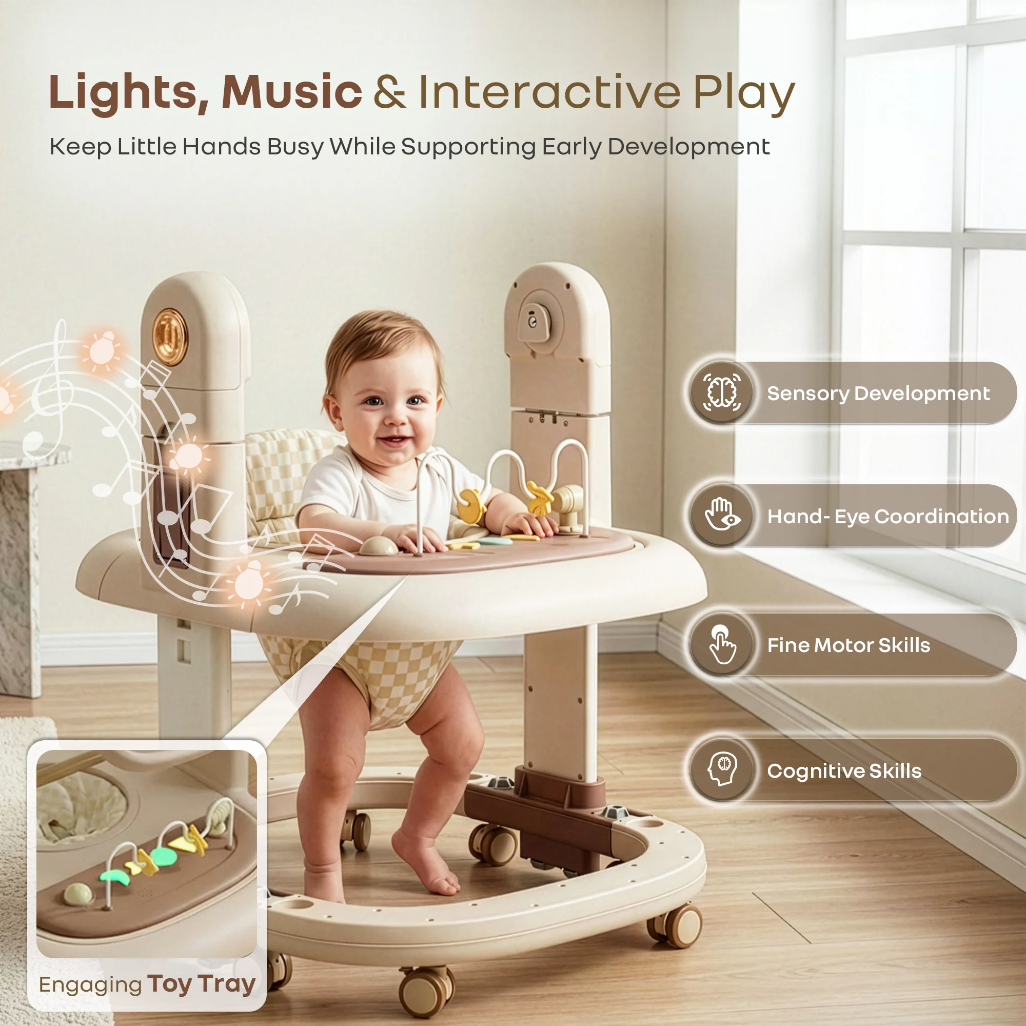 Marshmallow Trio 3 in 1 Highchair, Swing & Baby Walker with Lights, Music & Dual Tray - Beige - Image 7