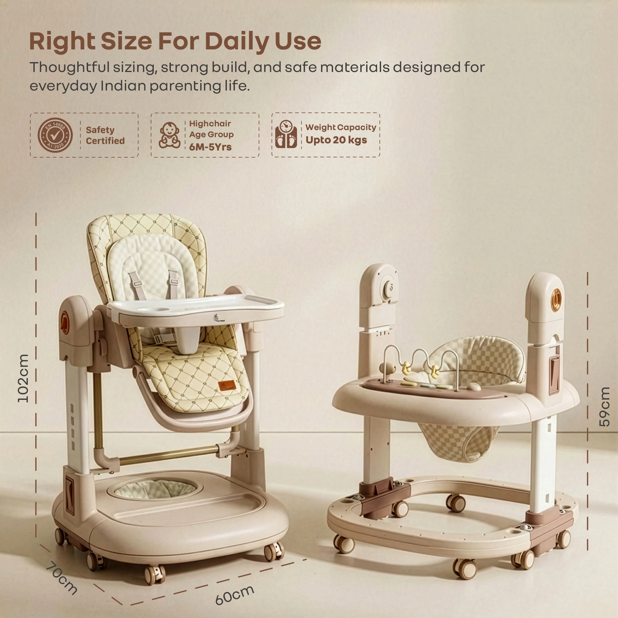 Marshmallow Trio 3 in 1 Highchair, Swing & Baby Walker with Lights, Music & Dual Tray - Beige - Image 9