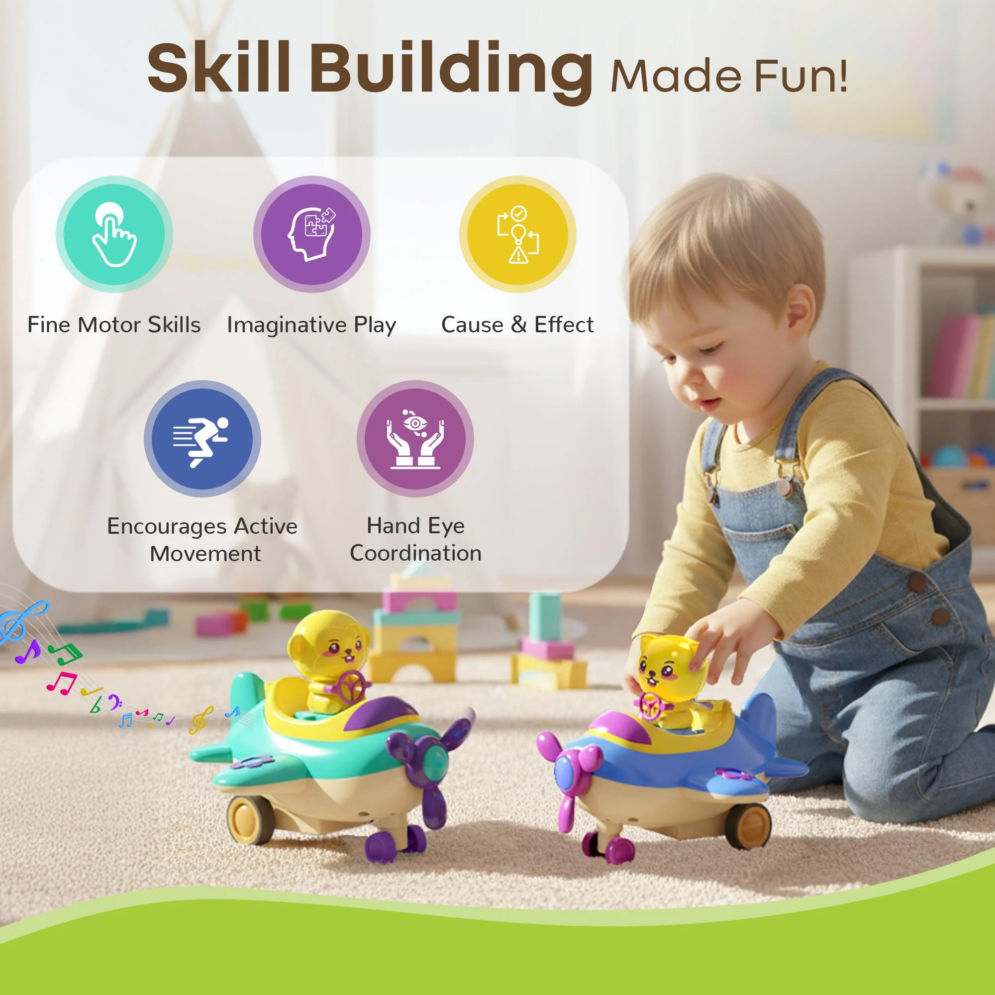 Orapple Aero Rider - BPA-Free, Non-Toxic Baby Airplane Push Toy with Lights & Music (Pack of 2) - Image 2