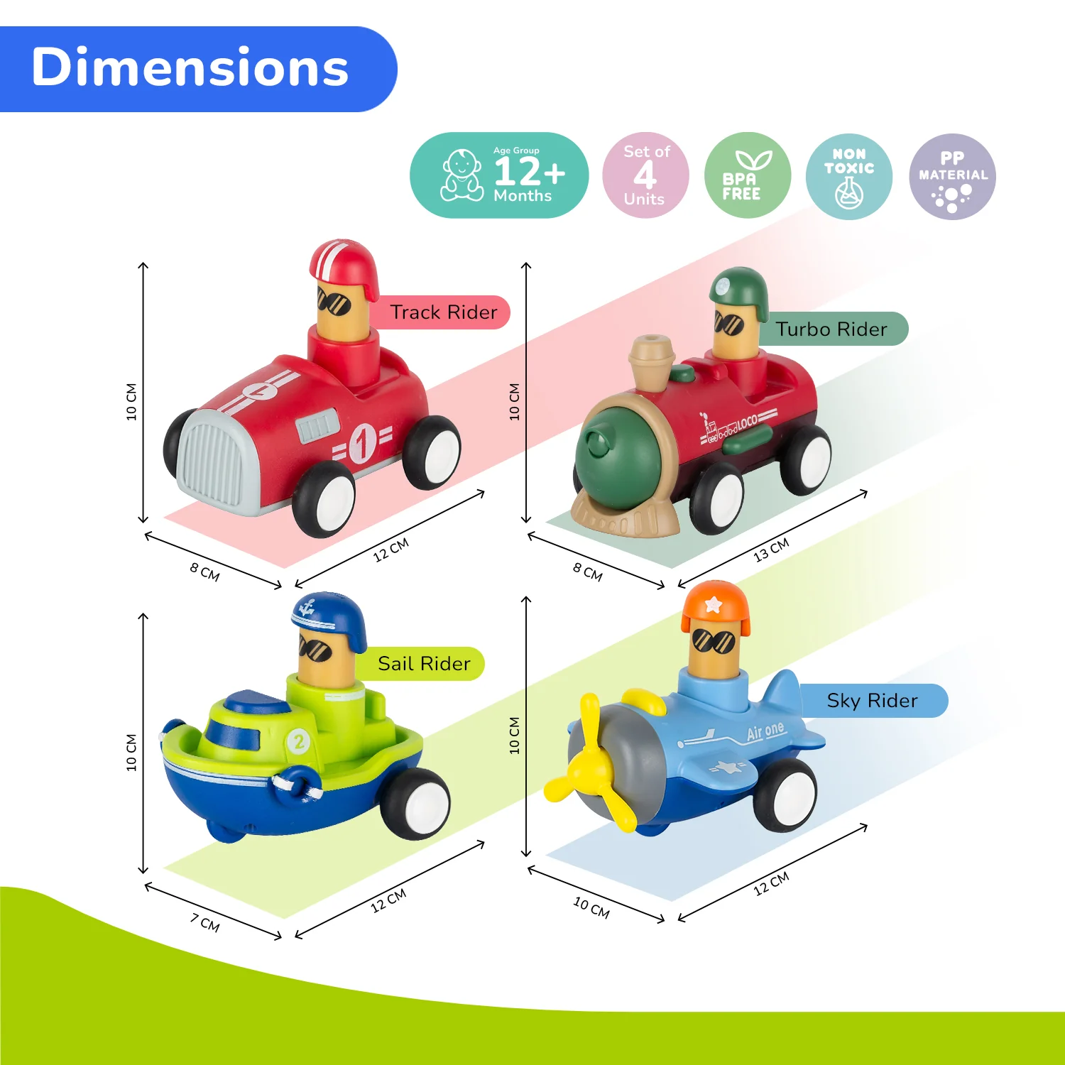 Orapple Rider BPA-Free Set of 4 Push Toys for Toddlers (Track, Sky, Turbo, Sail) - Image 8