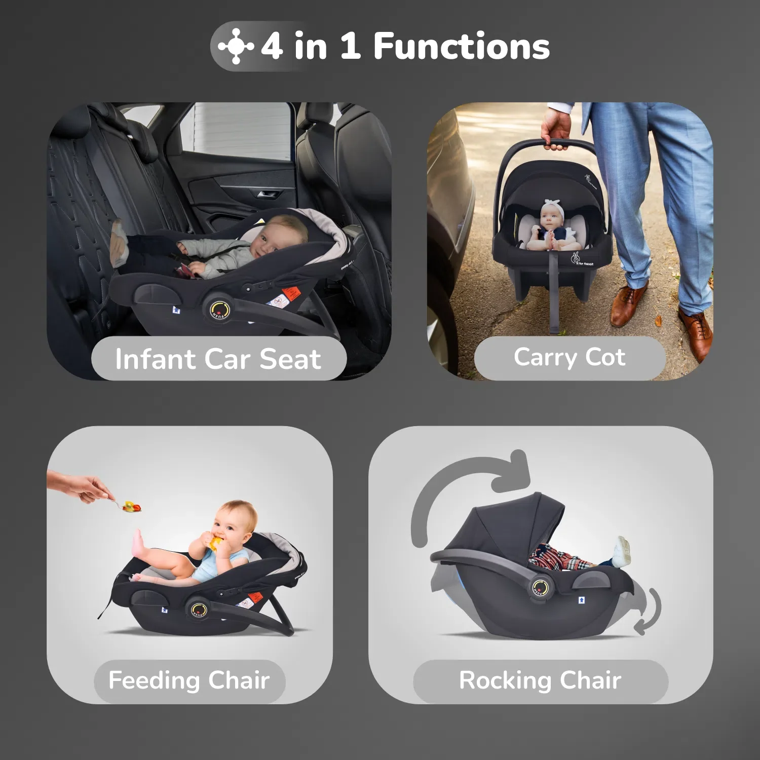 Picaboo NXG 4 In 1 Multipurpose Baby Carry Cot With Personalized Name Tag - Black Grey - Image 3
