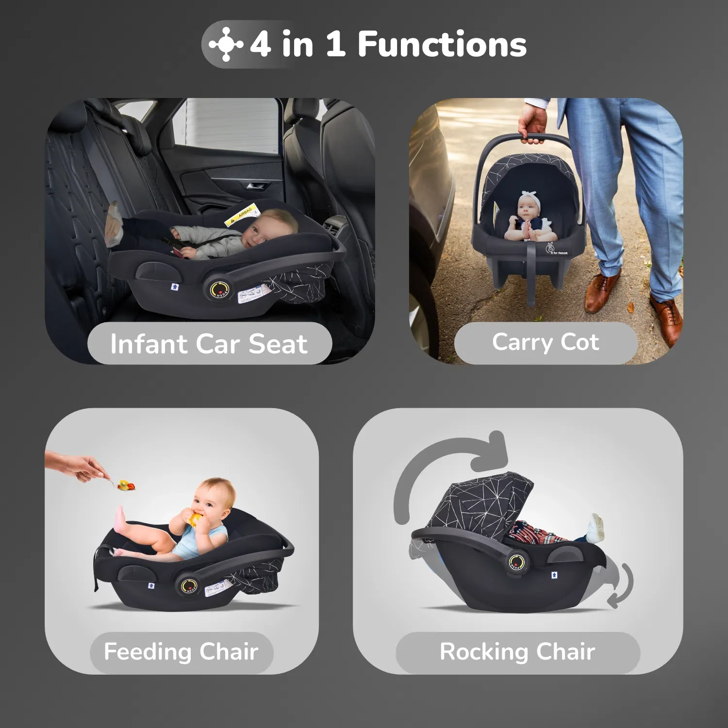 Picaboo NXG 4 In 1 Multipurpose Baby Carry Cot With Personalized Name Tag - Silver Black - Image 3