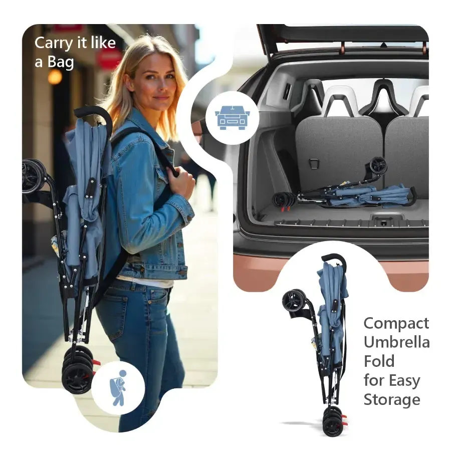 Pixie Buggy Stroller Easy to Fold and Store, UV Sun Protection Canopy, Rear Brakes, Storage Bag - Abstract Blue - Image 7
