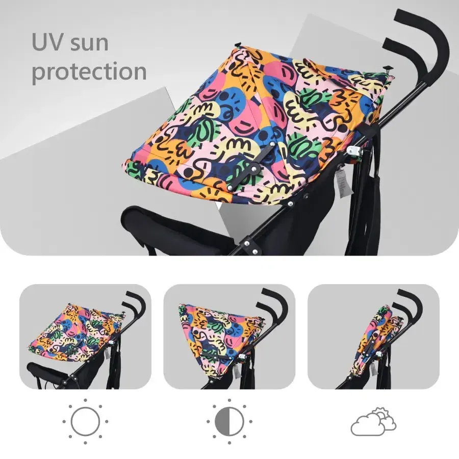 Pixie Buggy Stroller Easy to Fold and Store, UV Sun Protection Canopy, Rear Brakes, Storage Bag - Black Multi - Image 2