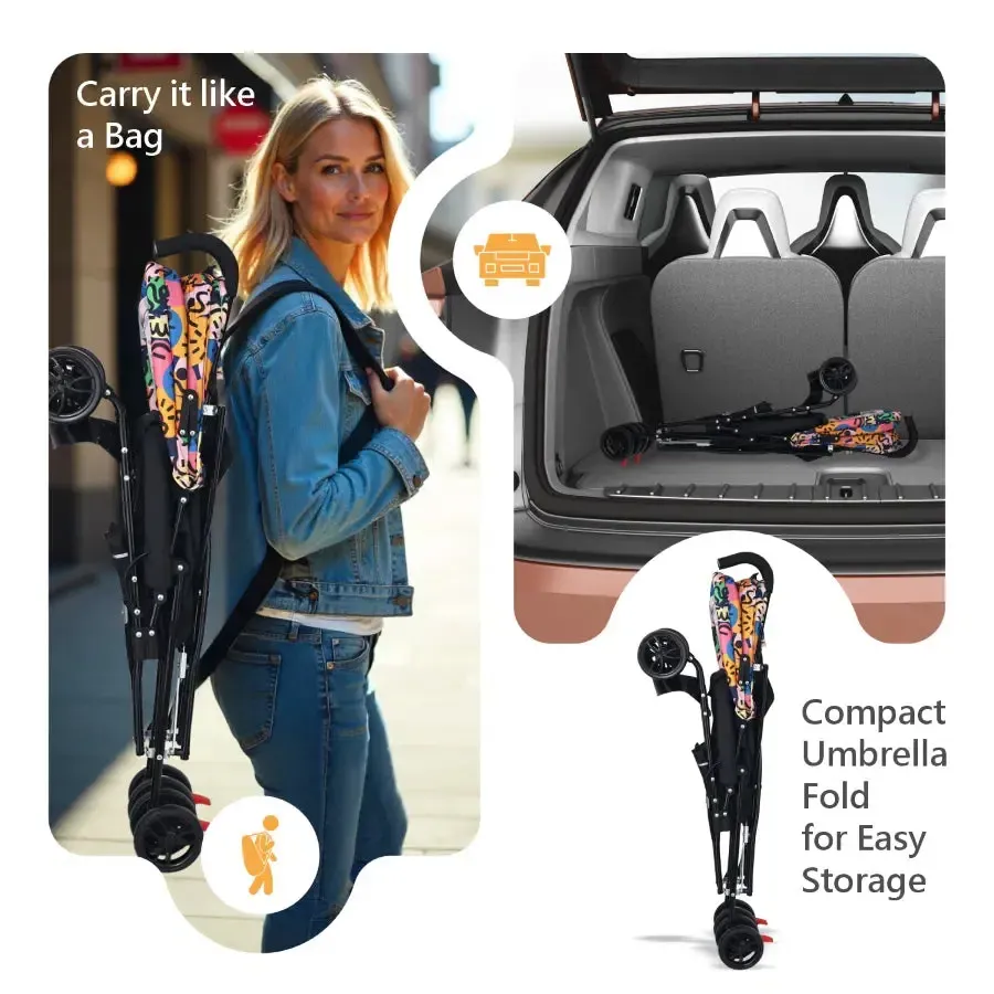 Pixie Buggy Stroller Easy to Fold and Store, UV Sun Protection Canopy, Rear Brakes, Storage Bag - Black Multi - Image 7