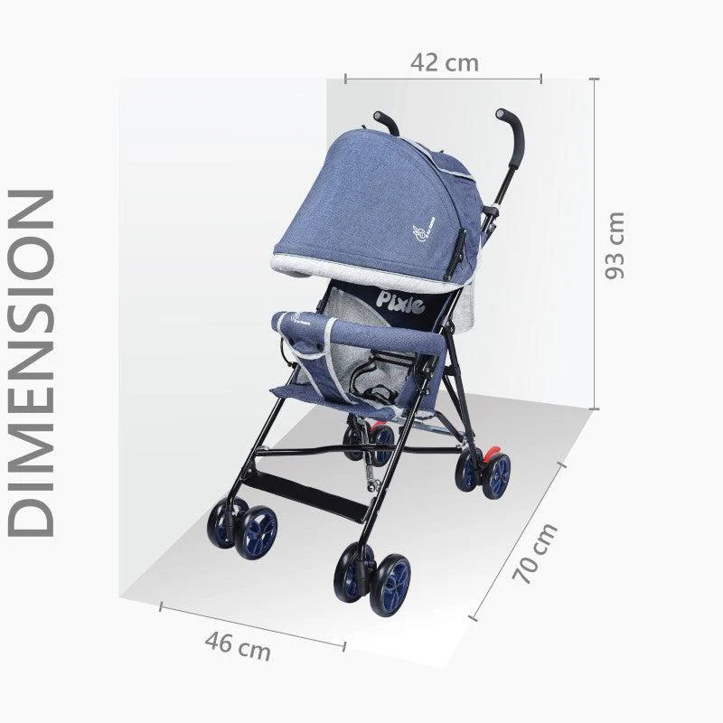 Pixie Buggy Stroller Easy to Fold and Store, UV Sun Protection Canopy, Rear Brakes, Storage Bag - Blue Grey - Image 3