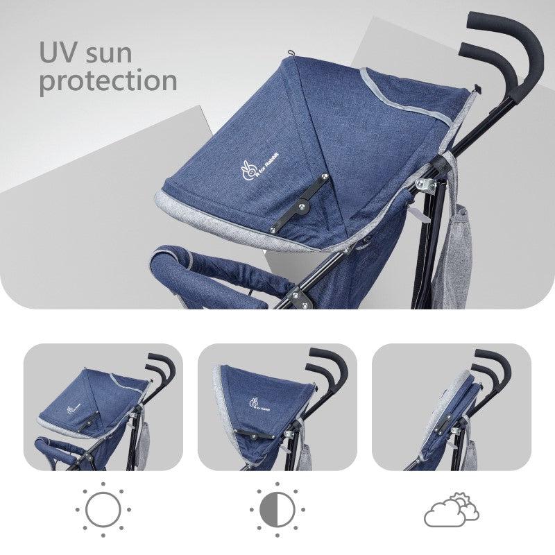 Pixie Buggy Stroller Easy to Fold and Store, UV Sun Protection Canopy, Rear Brakes, Storage Bag - Blue Grey - Image 4
