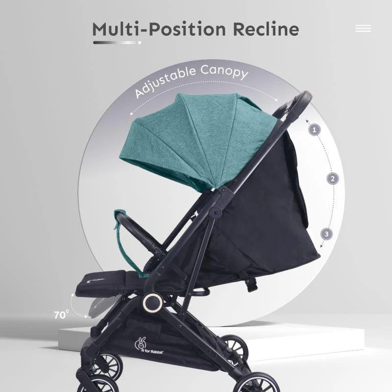 Pocket Air Stroller One Hand Fold, Light Weight, Travel Friendly, Adjustable Canopy - Green Black - Image 2