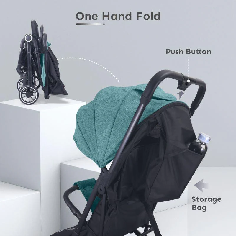 Pocket Air Stroller One Hand Fold, Light Weight, Travel Friendly, Adjustable Canopy - Green Black - Image 3