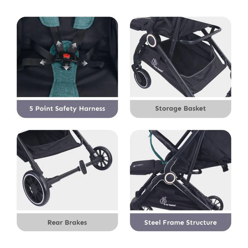 Pocket Air Stroller One Hand Fold, Light Weight, Travel Friendly, Adjustable Canopy - Green Black - Image 7