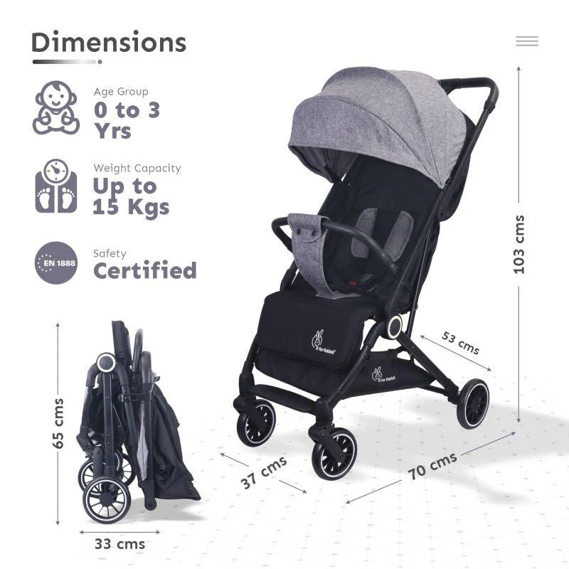 Pocket Air Stroller One Hand Fold, Light Weight, Travel Friendly, Adjustable Canopy - Grey - Image 3