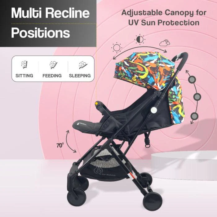 Pocket Stroller Lite One Hand Fold, Multi Recline, Light Weight, Travel Friendly, Adjustable Canopy, Steel Frame, Link Brake, 0-3 Years - Black Multi - Image 7