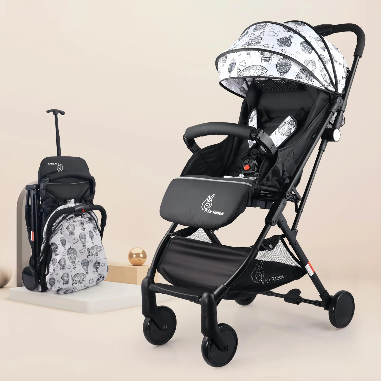 Pocket Stroller Lite One Hand Fold, Multi Recline, Light Weight, Travel Friendly, Adjustable Canopy, Steel Frame, Link Brake, 0-3 Years - Black White - Image 2