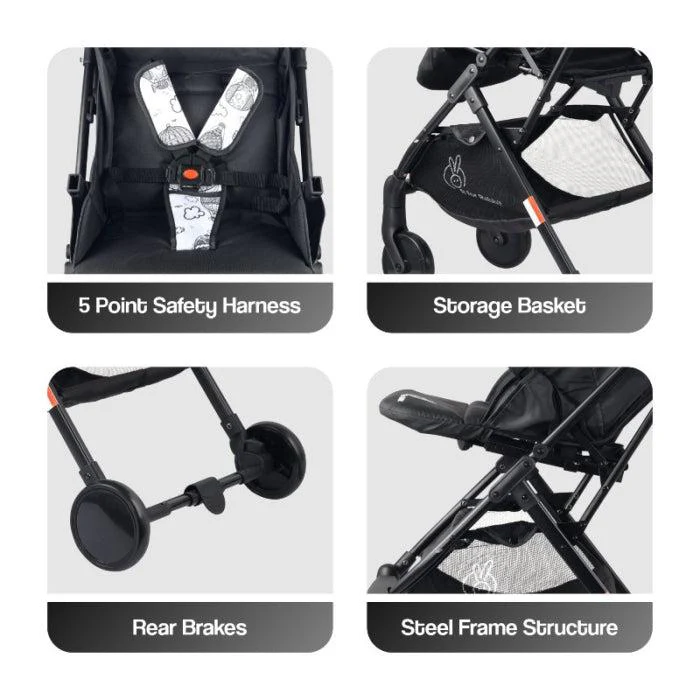 Pocket Stroller Lite One Hand Fold, Multi Recline, Light Weight, Travel Friendly, Adjustable Canopy, Steel Frame, Link Brake, 0-3 Years - Black White - Image 5
