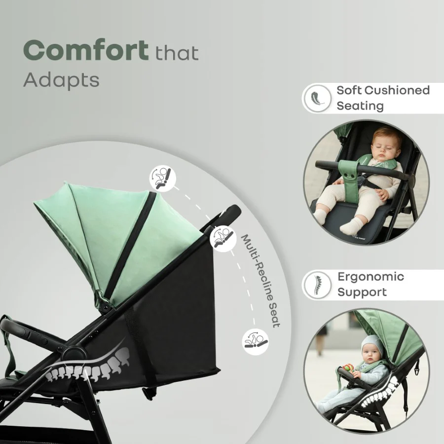 Poppins Neo Baby Stroller, Travel Stroller with 5-Point Harness & One-Hand Fold - Olive Green - Image 3