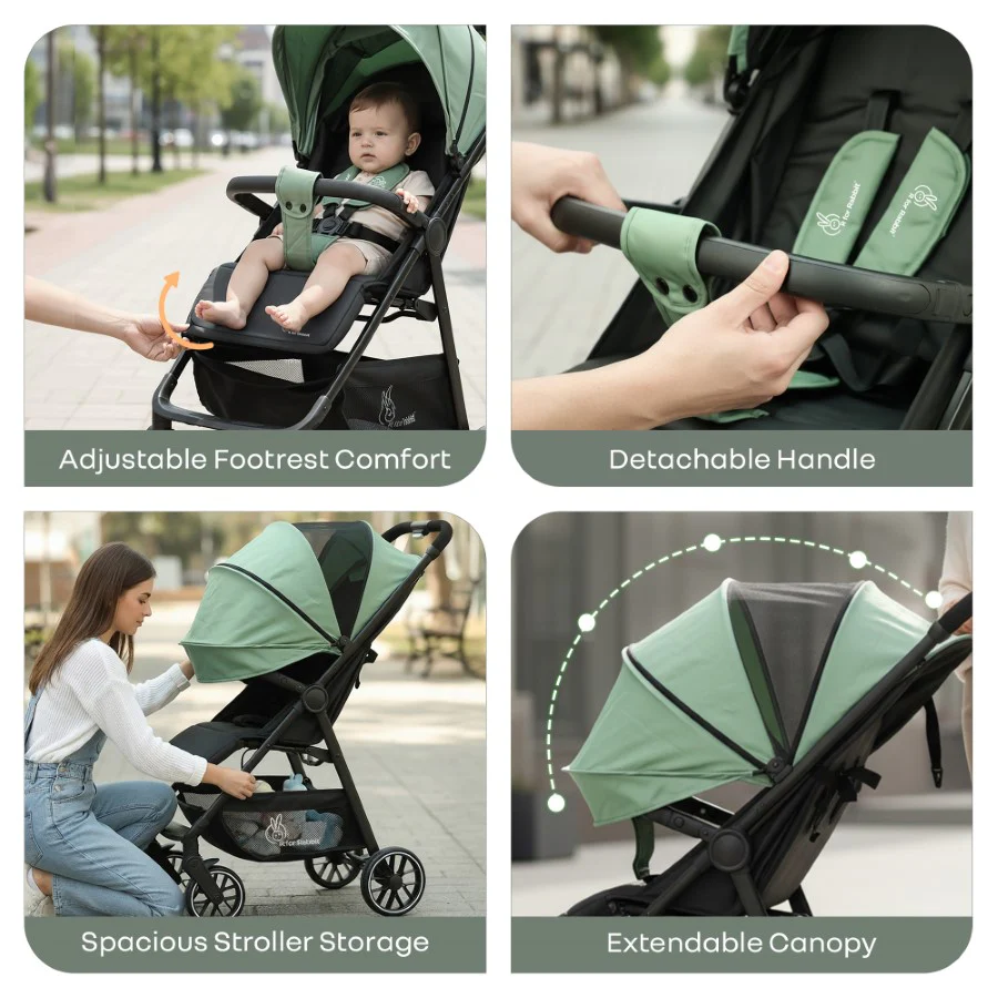 Poppins Neo Baby Stroller, Travel Stroller with 5-Point Harness & One-Hand Fold - Olive Green - Image 5